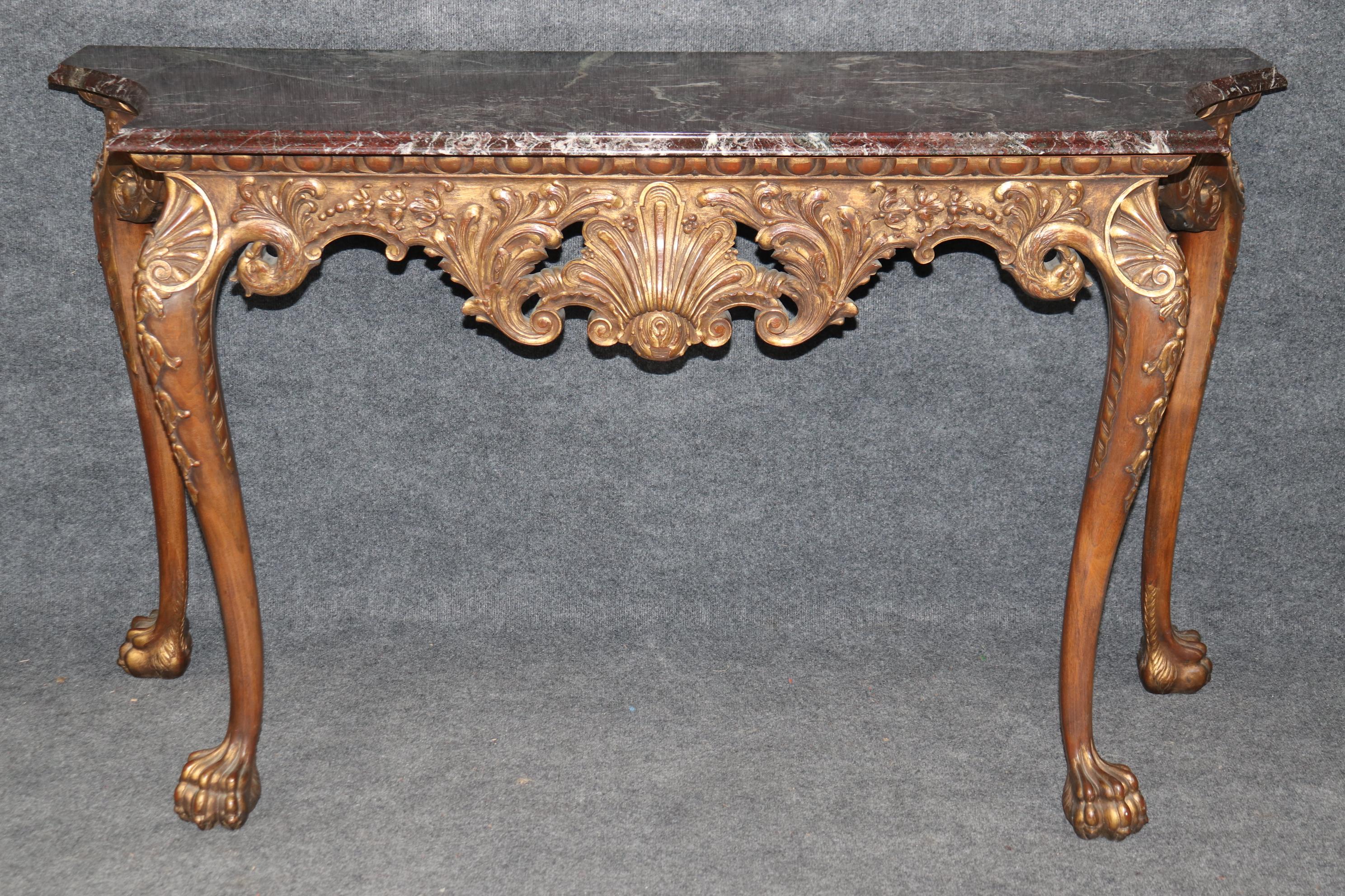 Breccia Marble Fine and Rare Pair Carved Walnut English Georgian Giltwood Console Tables For Sale
