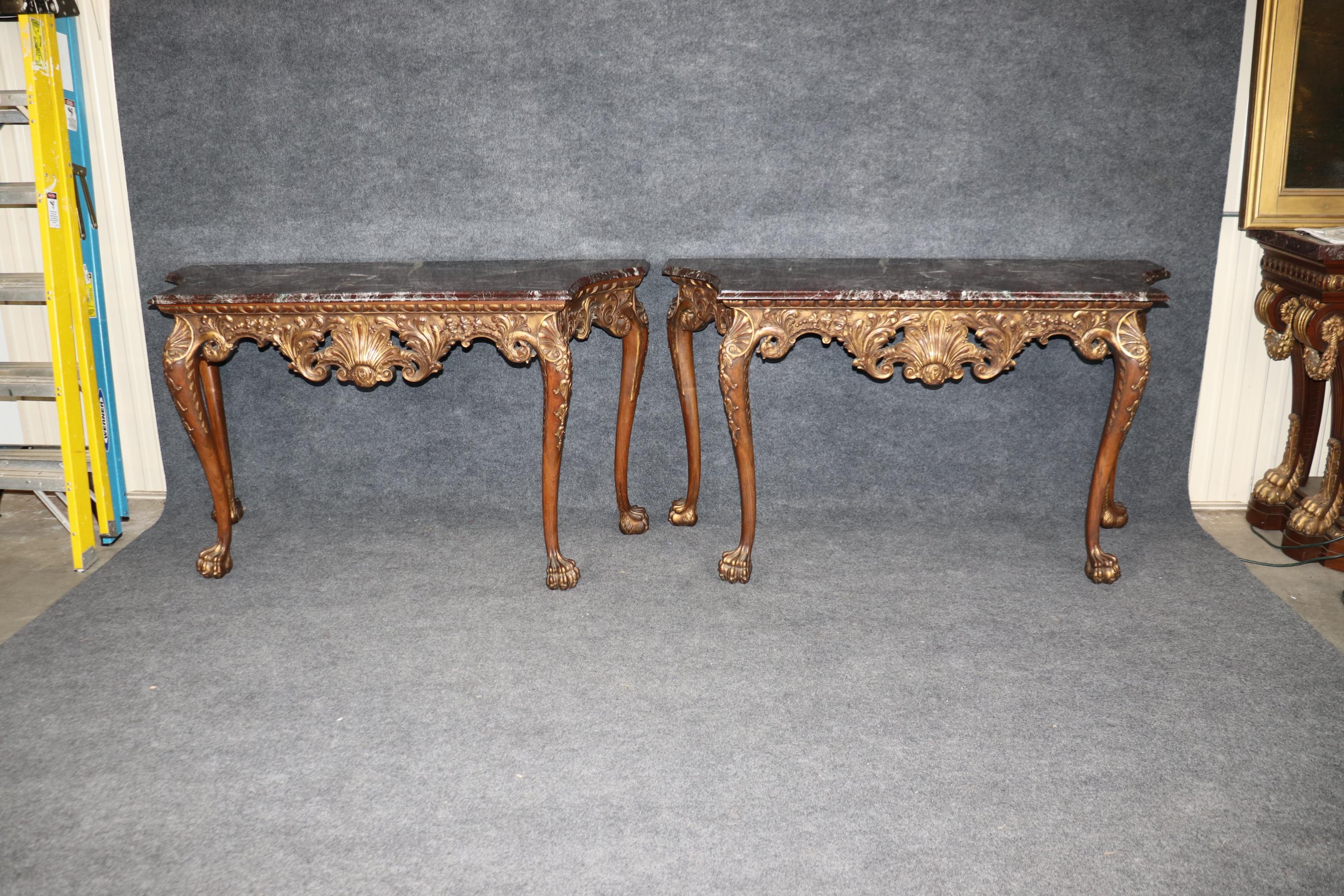 Fine and Rare Pair Carved Walnut English Georgian Giltwood Console Tables For Sale 1