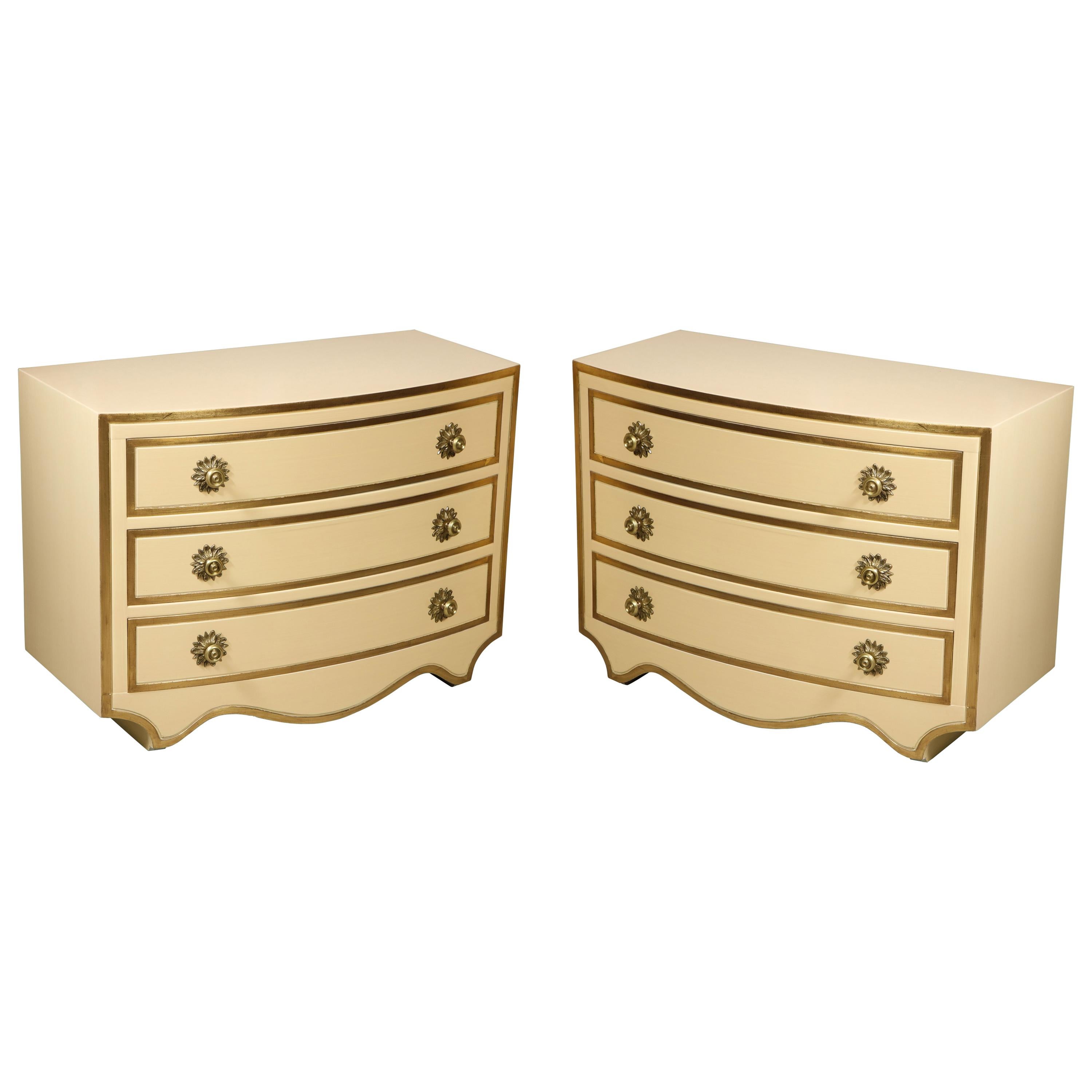 Painted and parcel gilt 3 drawer chests with brass handles by Dorothy Draper