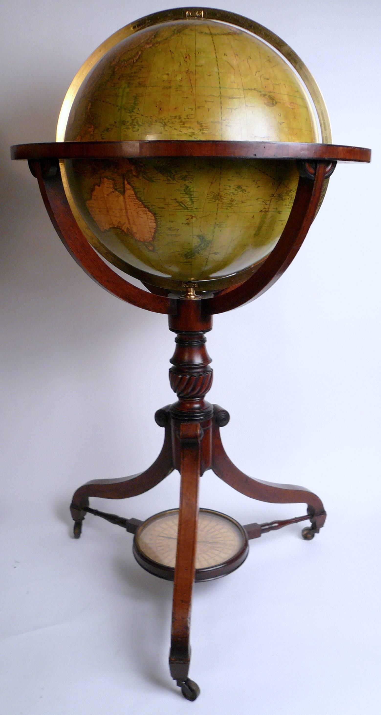 Carved Fine and Rare Pair of English Regency Floor Standing Library Globes