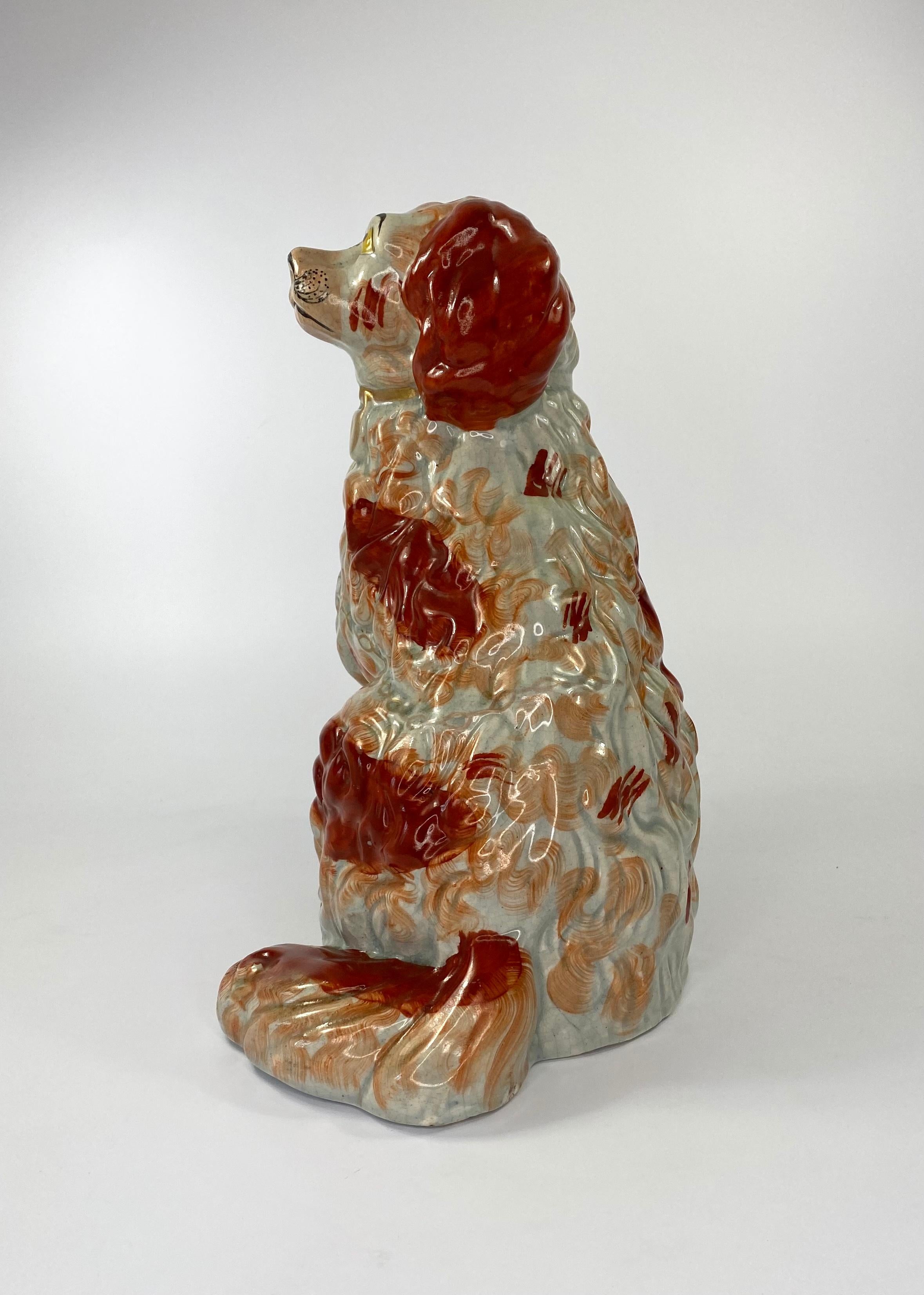 Fired Fine and Rare Pair of Large Staffordshire Spaniels, c. 1840