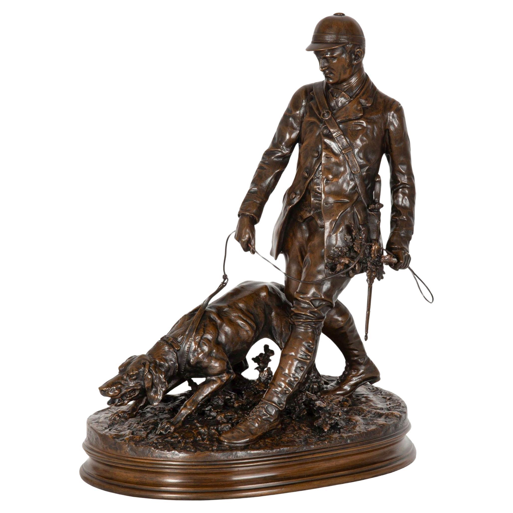 Fina y rara escultura de bronce antiguo "Valet de Limier" de Pierre Jules Mene en venta