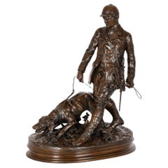 Fina y rara escultura de bronce antiguo "Valet de Limier" de Pierre Jules Mene