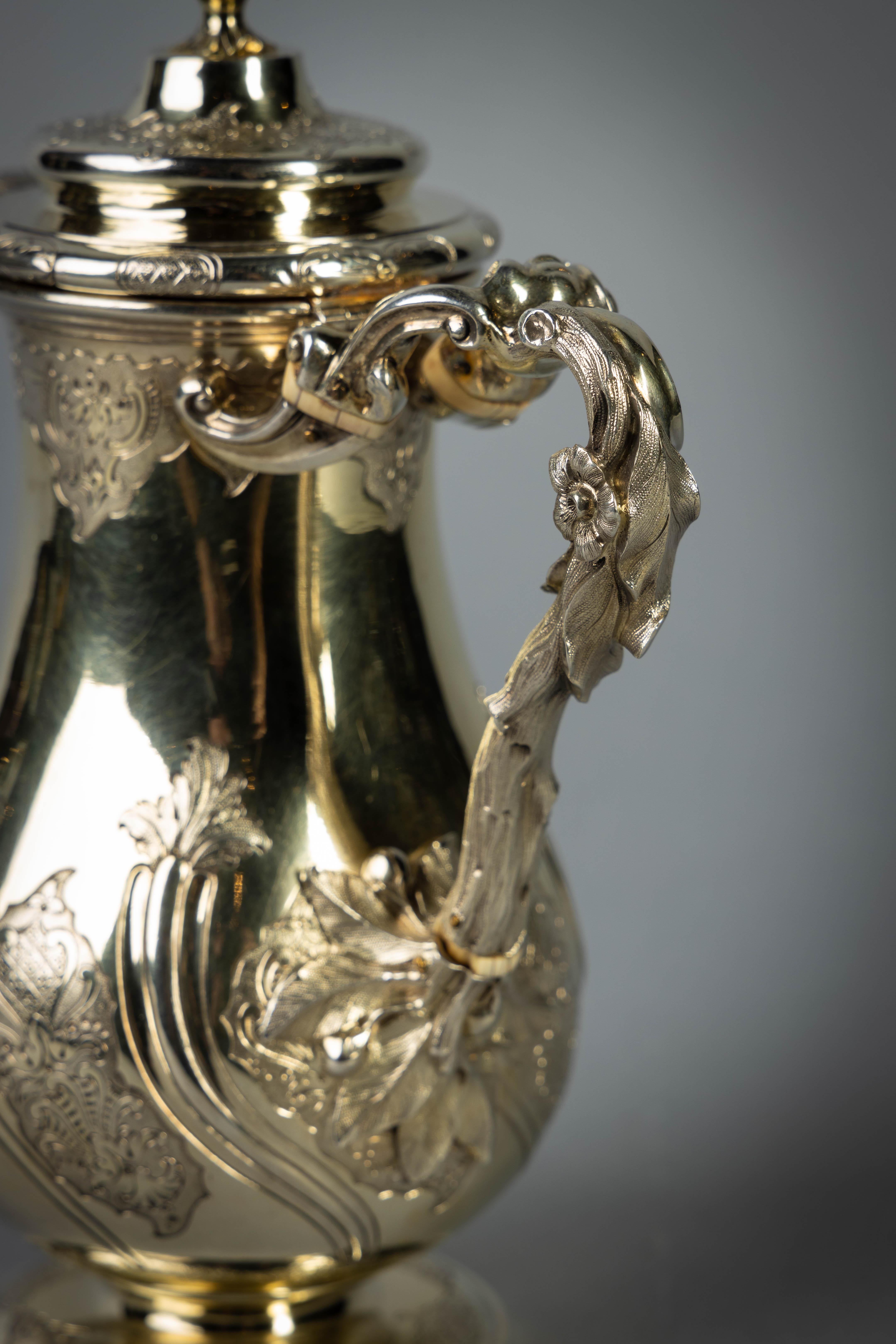 Mid-19th Century Fine and Rare William IV English Silver Gilt Coffee Jug For Sale