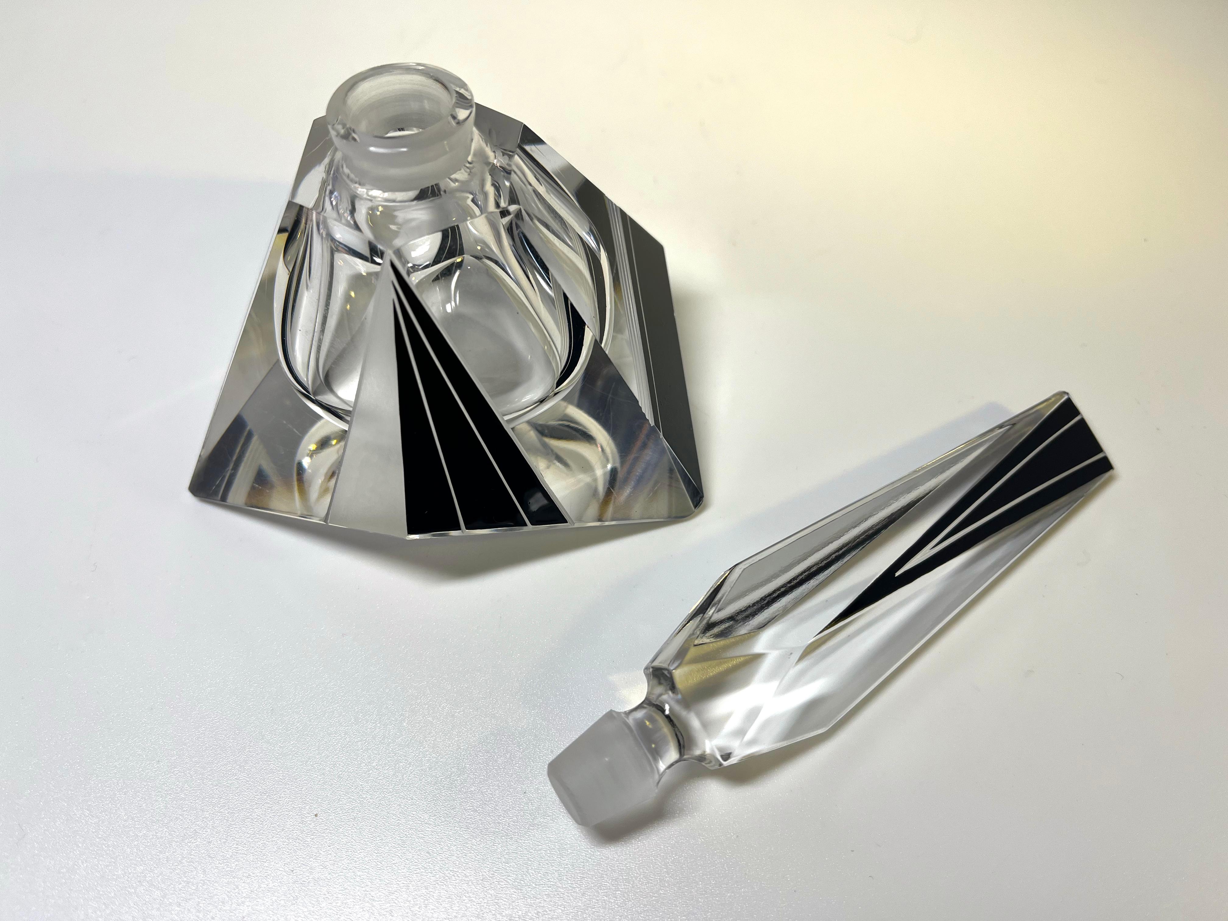 20th Century Fine Angular Geometric Czech Art Deco Black Enamel Crystal Perfume Bottle 1930s For Sale