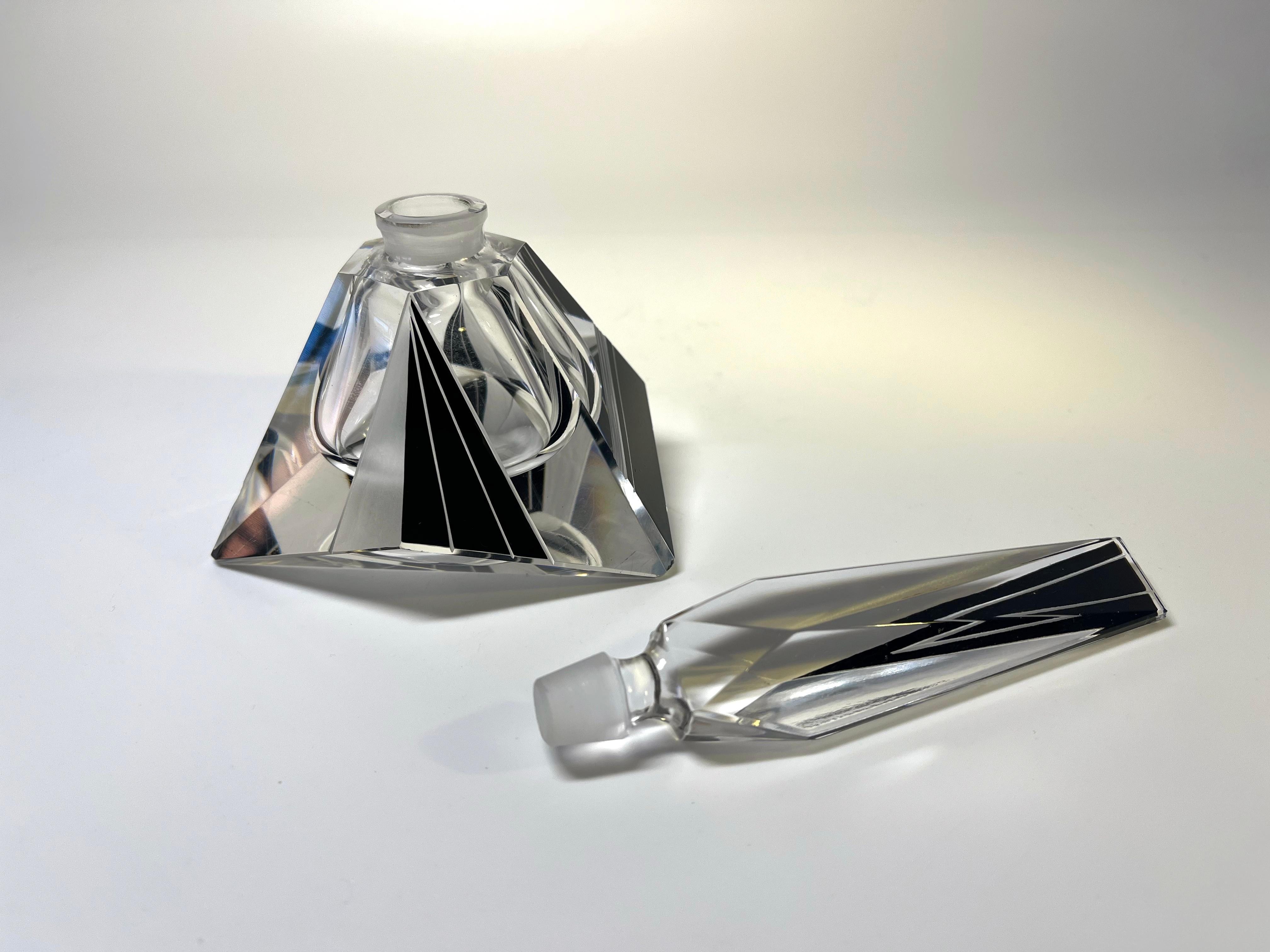 Glass Fine Angular Geometric Czech Art Deco Black Enamel Crystal Perfume Bottle 1930s For Sale