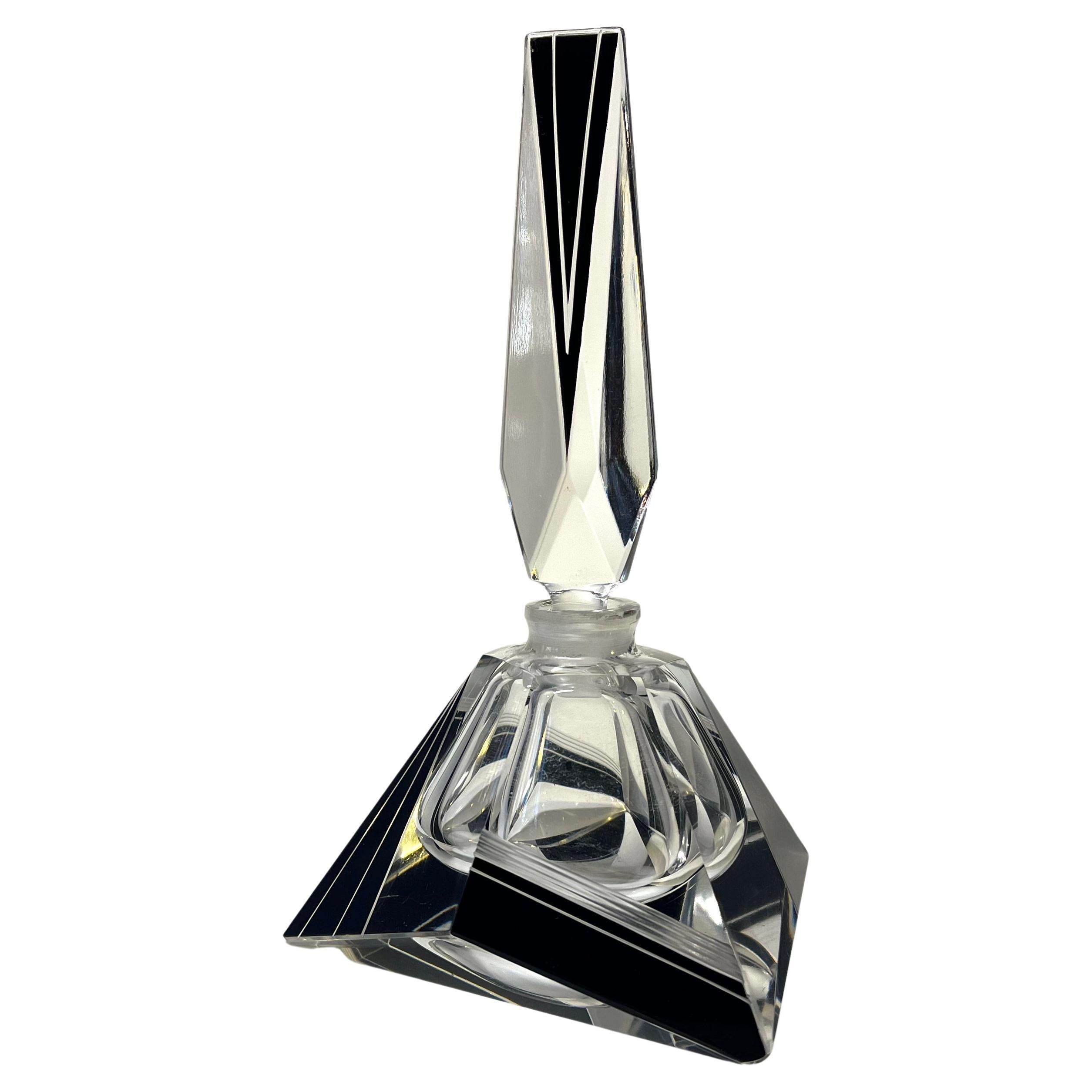 Fine Angular Geometric Czech Art Deco Black Enamel Crystal Perfume Bottle 1930s For Sale