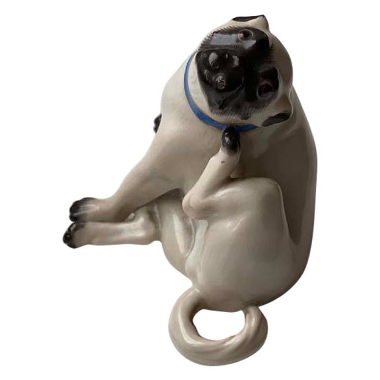 Fine Animal Sculpture, Porcelain Pug Dog, Meissen Porcelain, Mid 20th Century