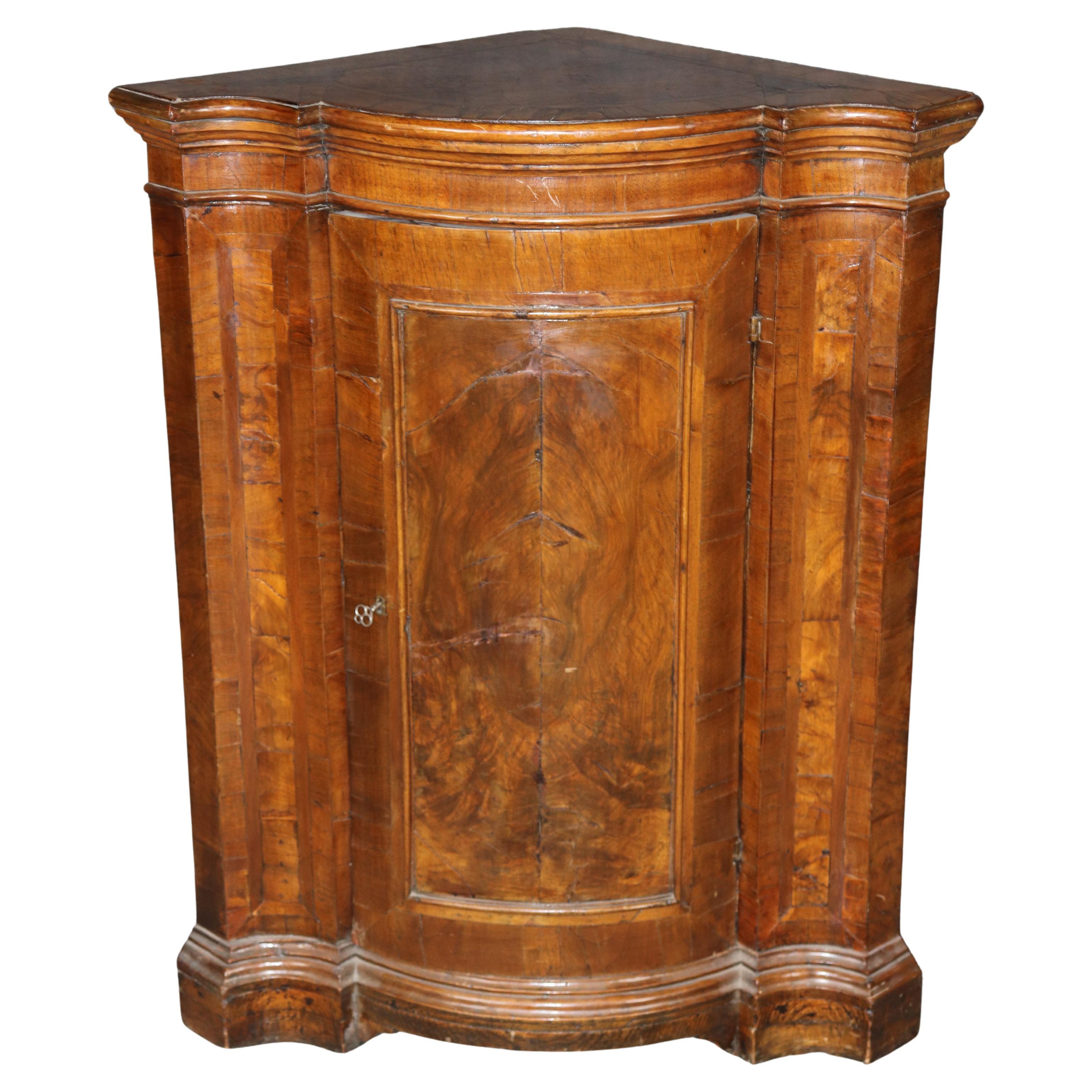 Fine Antique 1780s Italian Burled Walnut Primitive Corner Cabinet Rustic Lock For Sale