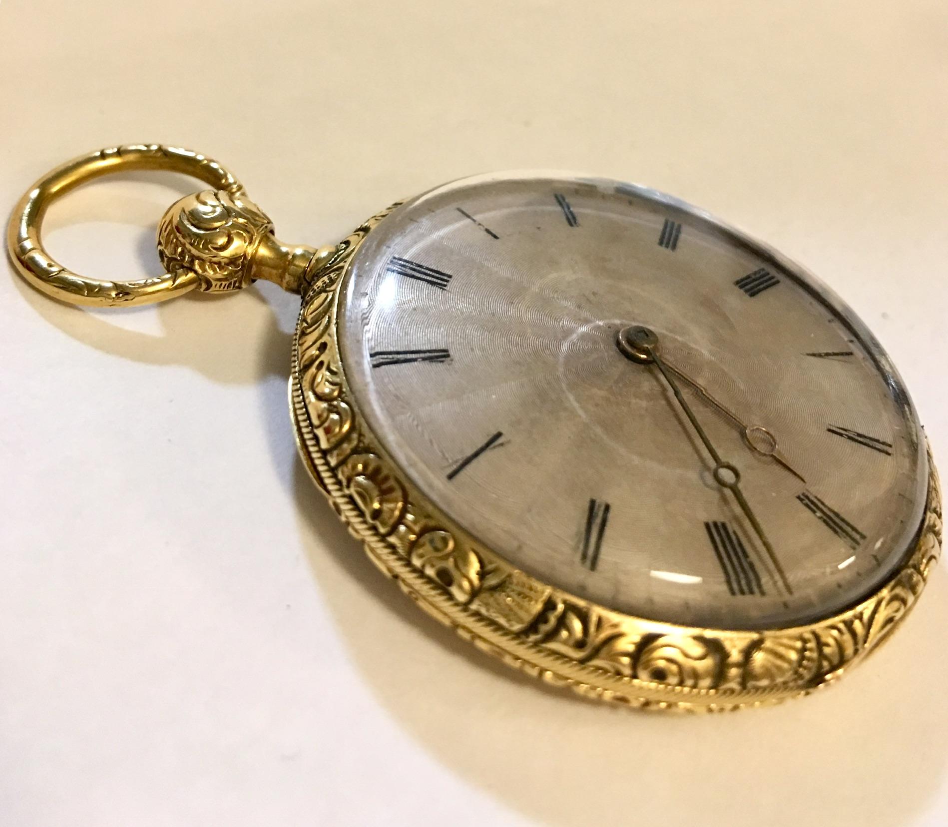 A fine antique 18k gold quarter repeater lightweight pocket. Nice silver dial and breguet hand. It striking mechanism on a gong and is in good working condition. Finely made and very slim. This watch measured 45mm diameter and weighed 55.1 grams.