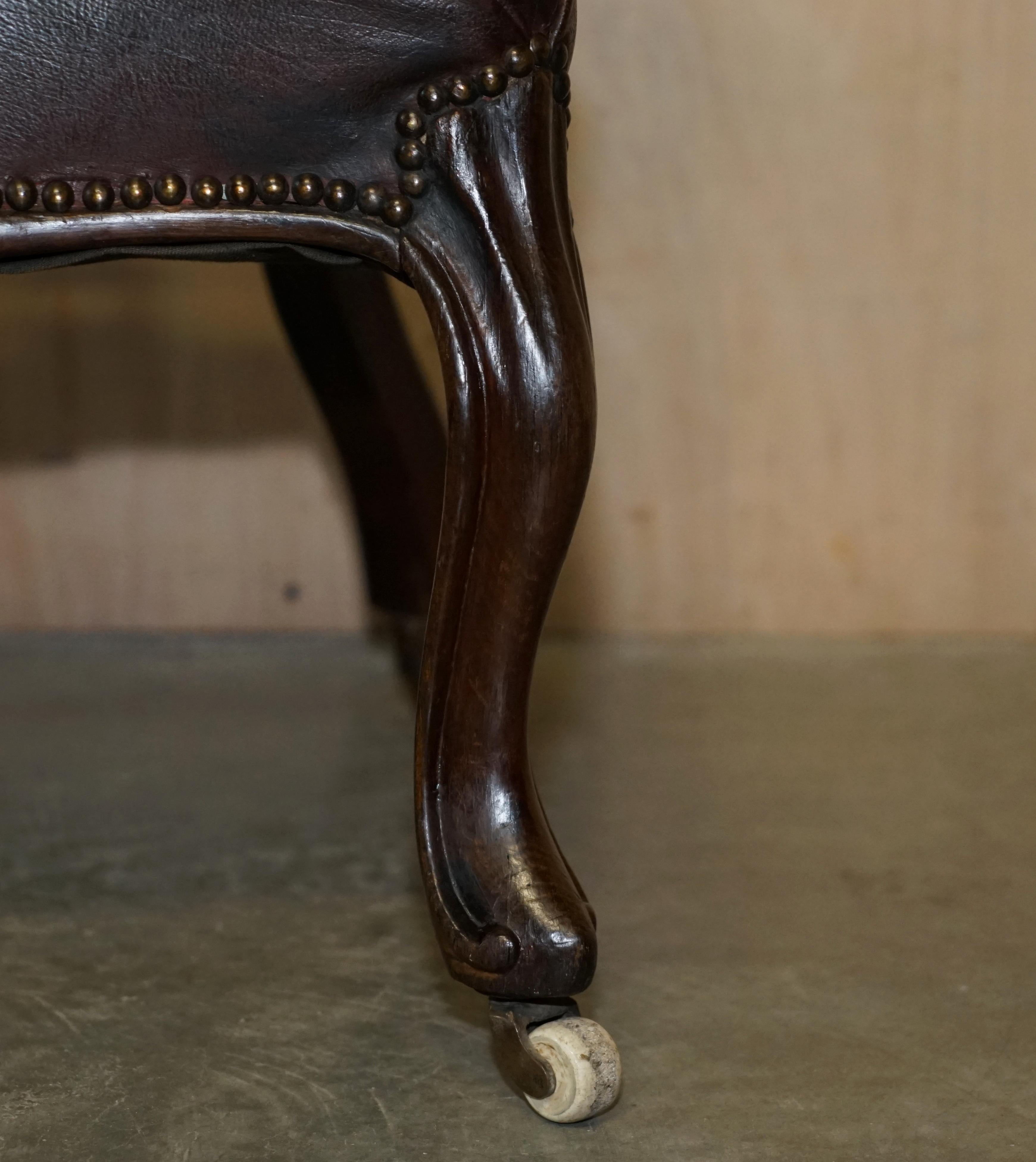 Fine Antique 1830 William iv Cockfighting Brown Leather Chair Original Castors For Sale 1