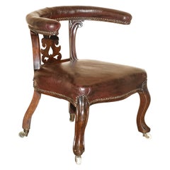 Fauteuil ancien de combat William IV en cuir marron avec roulettes d'origine, 1830