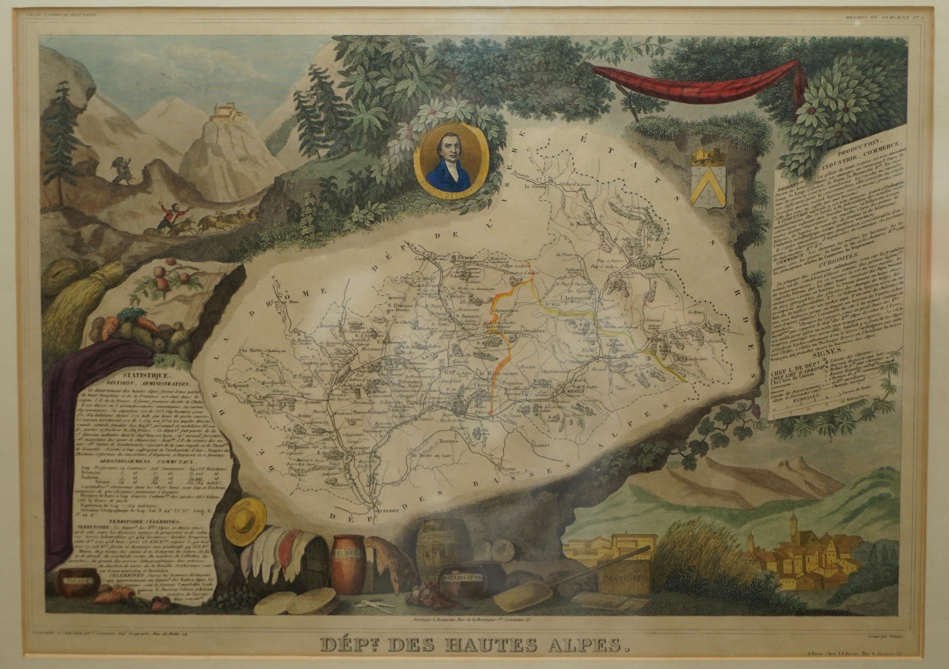 Nous sommes ravis d'offrir à la vente cette étonnante carte aquarelle de 1856 des Alpes autrichiennes intitulée Dept Des Hautes Alpes tirée de l'Atlas National Illustre de Victor Levasseur

Il a été publié à Paris par A. Combette en 1856. Cette