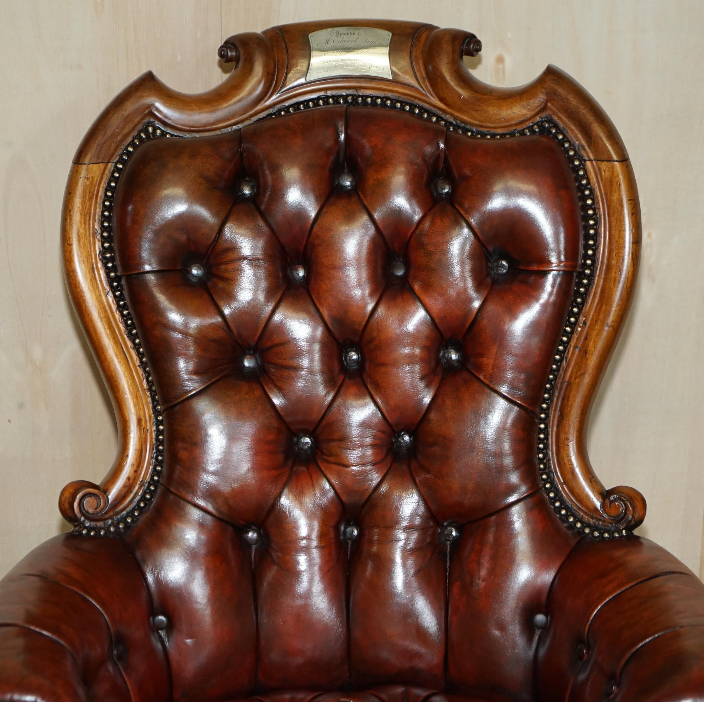 High Victorian Fine Antique 1878 Presented from the Church Chesterfield Brown Leather Armchair