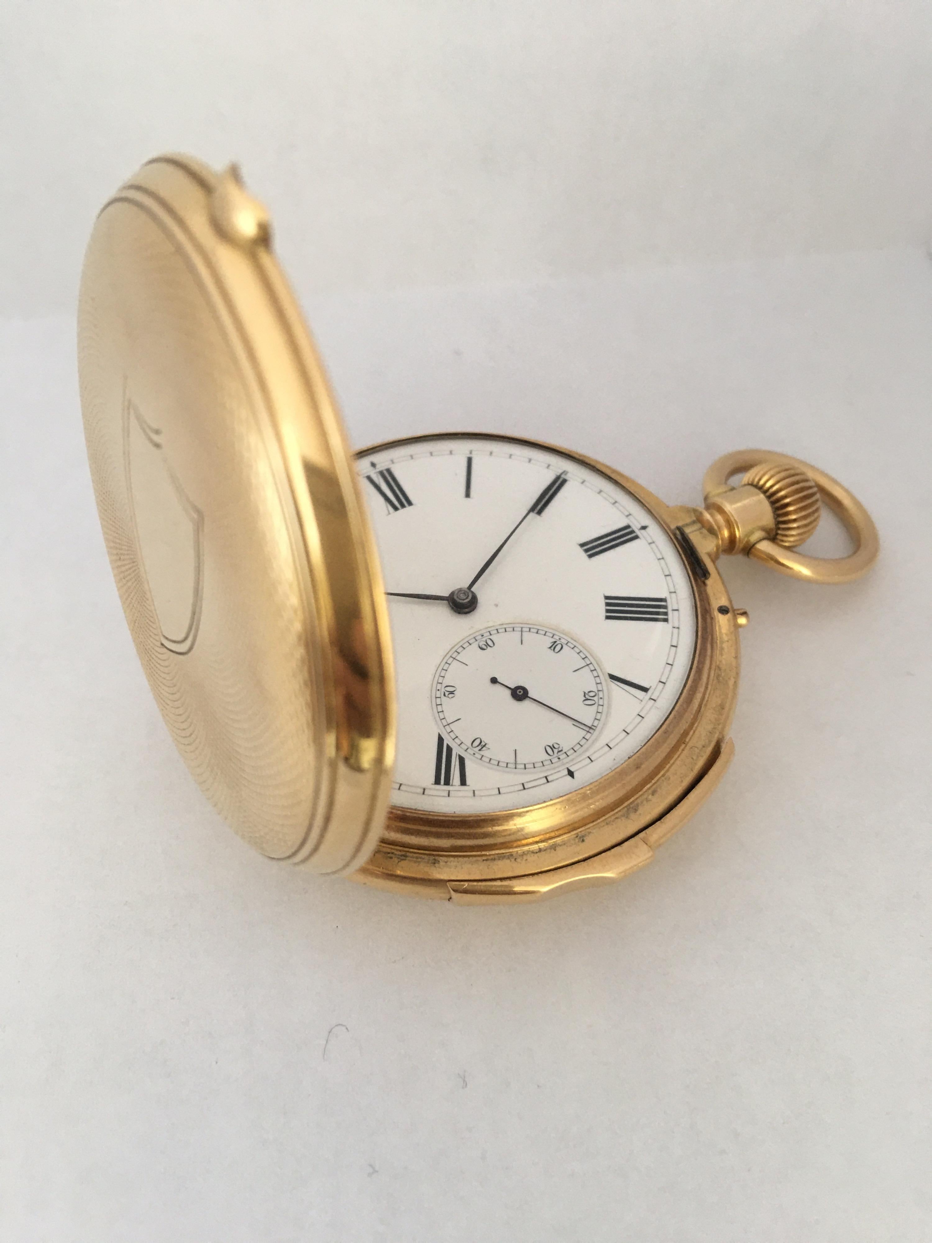 Fine Antique 18K Gold Engine turned Full Hunter Quarter Repeater Pocket Watch In Good Condition For Sale In Carlisle, GB