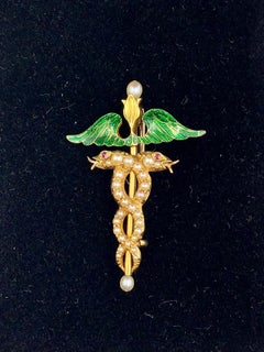 Fine Antique 18K Gold Green Enamel Pearl Serpents with Ruby Eyes Caduceus Brooch