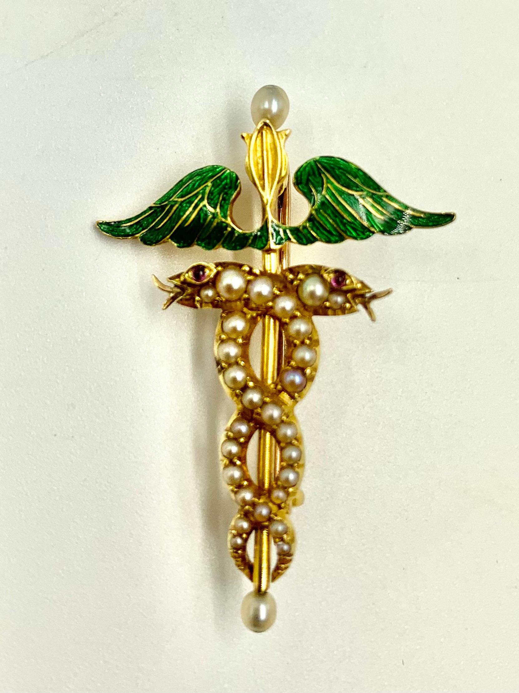 Women's or Men's Fine Antique 18K Gold Green Enamel Pearl Serpents with Ruby Eyes Caduceus Brooch