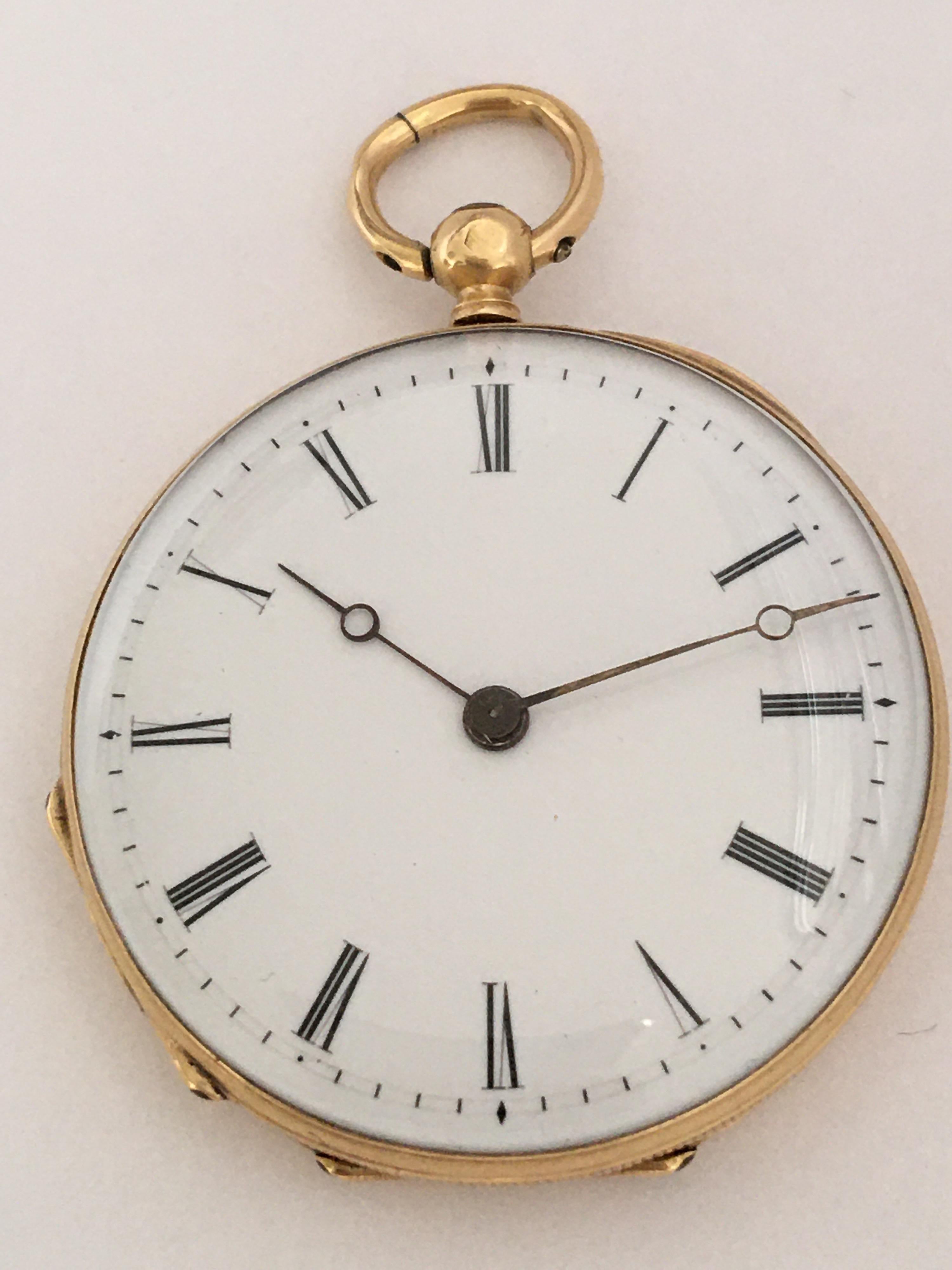 This beautiful antique key-wind ladies fob / pocket watch is working and it is ticking well. The loop or metal ring is a bit worn and looks like being soldered as shown. This watch measured 35mm diameter and weigh 26 grams.

Please study the images
