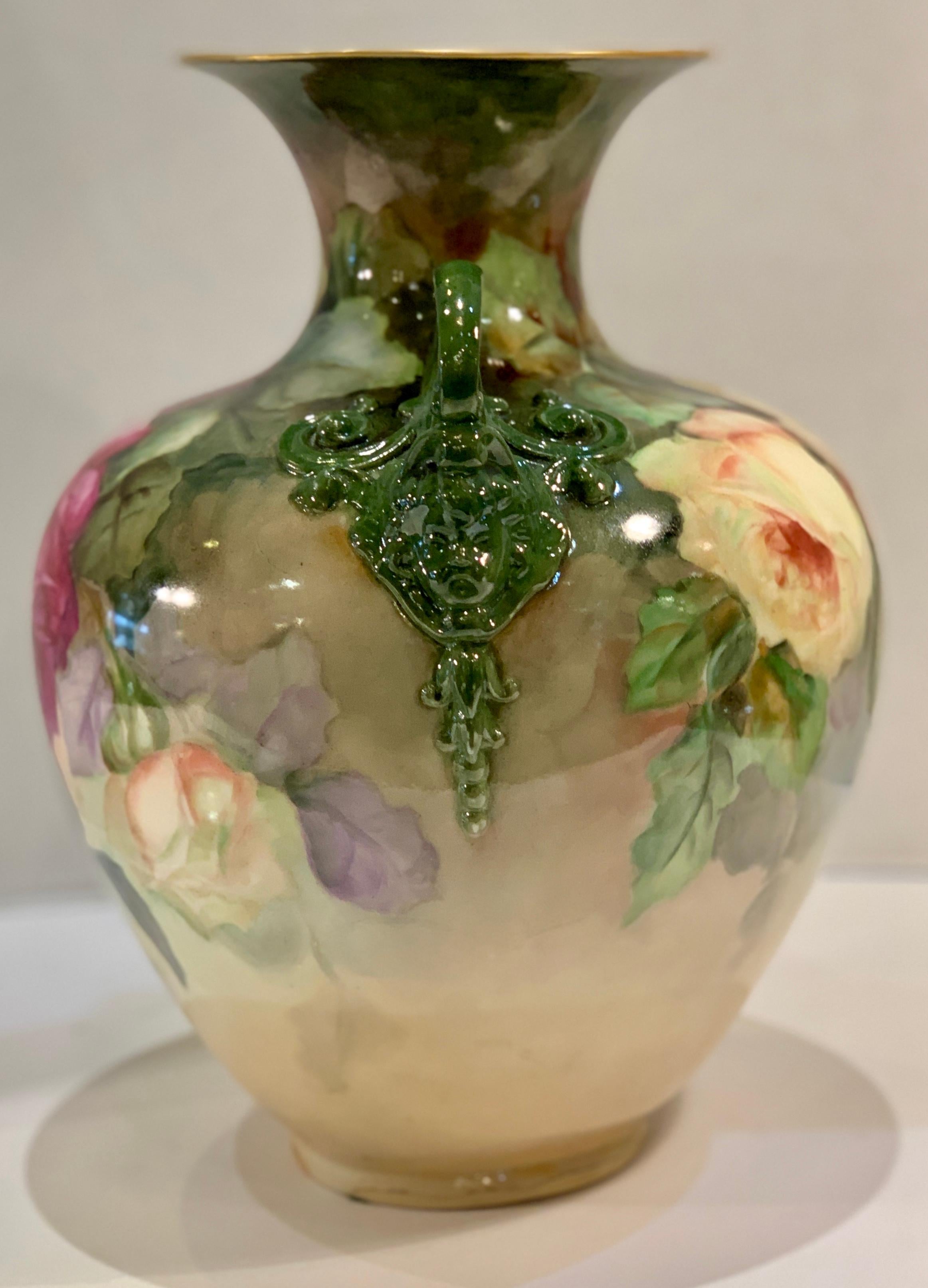 Victorian Fine Antique 1908 Signed Lenox Belleek Hand Painted Vase with Cherub Handles