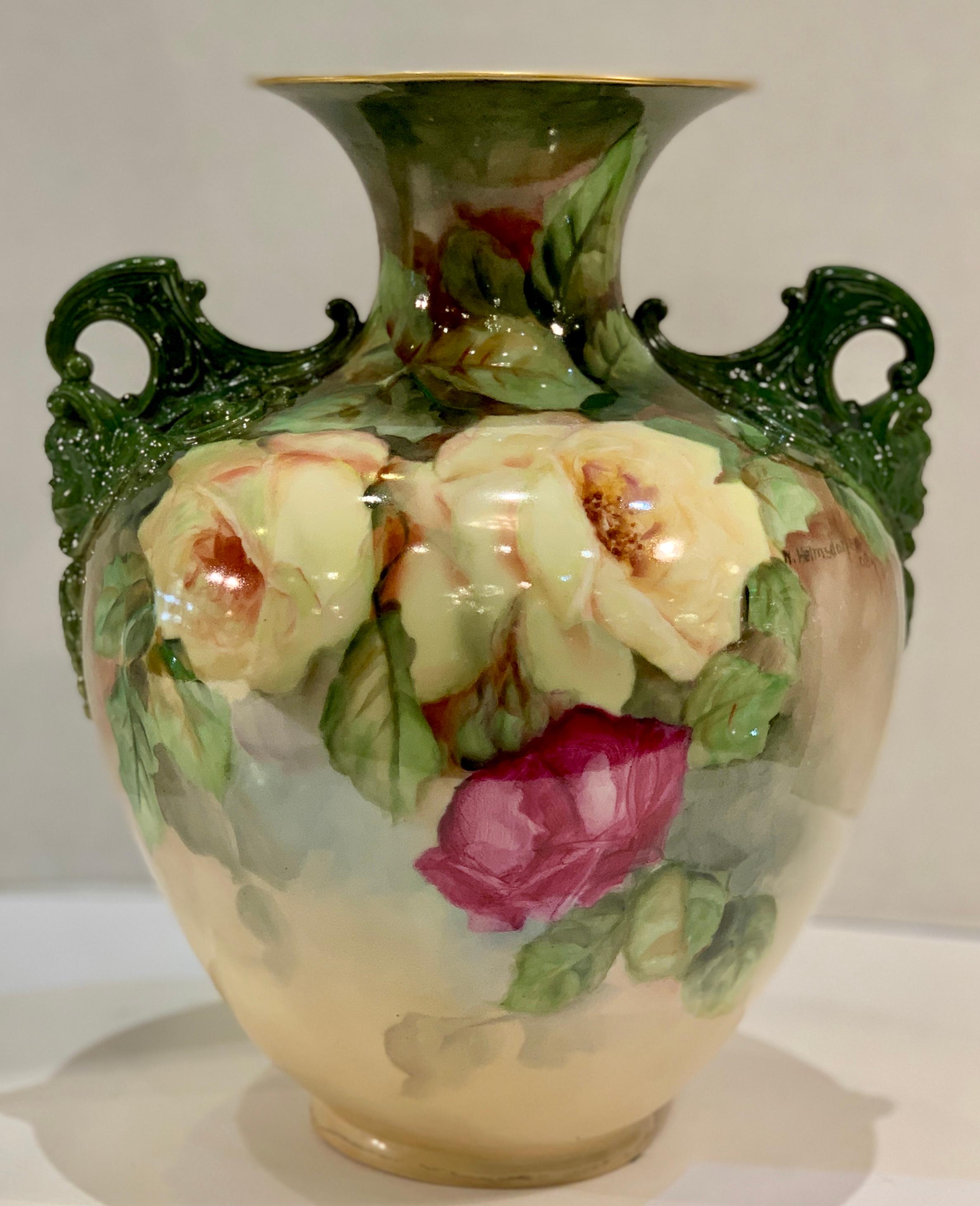 American Fine Antique 1908 Signed Lenox Belleek Hand Painted Vase with Cherub Handles