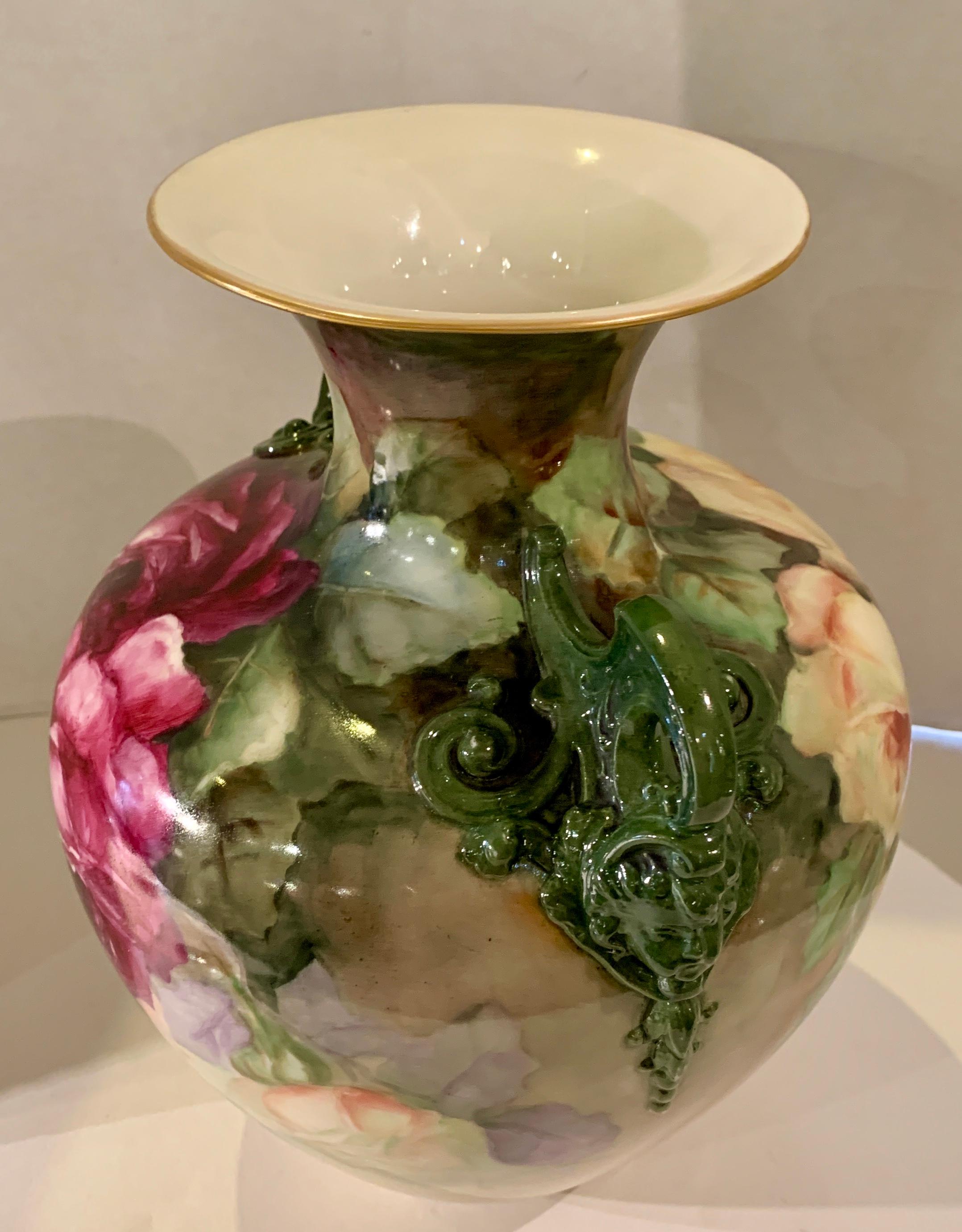 Hand-Painted Fine Antique 1908 Signed Lenox Belleek Hand Painted Vase with Cherub Handles