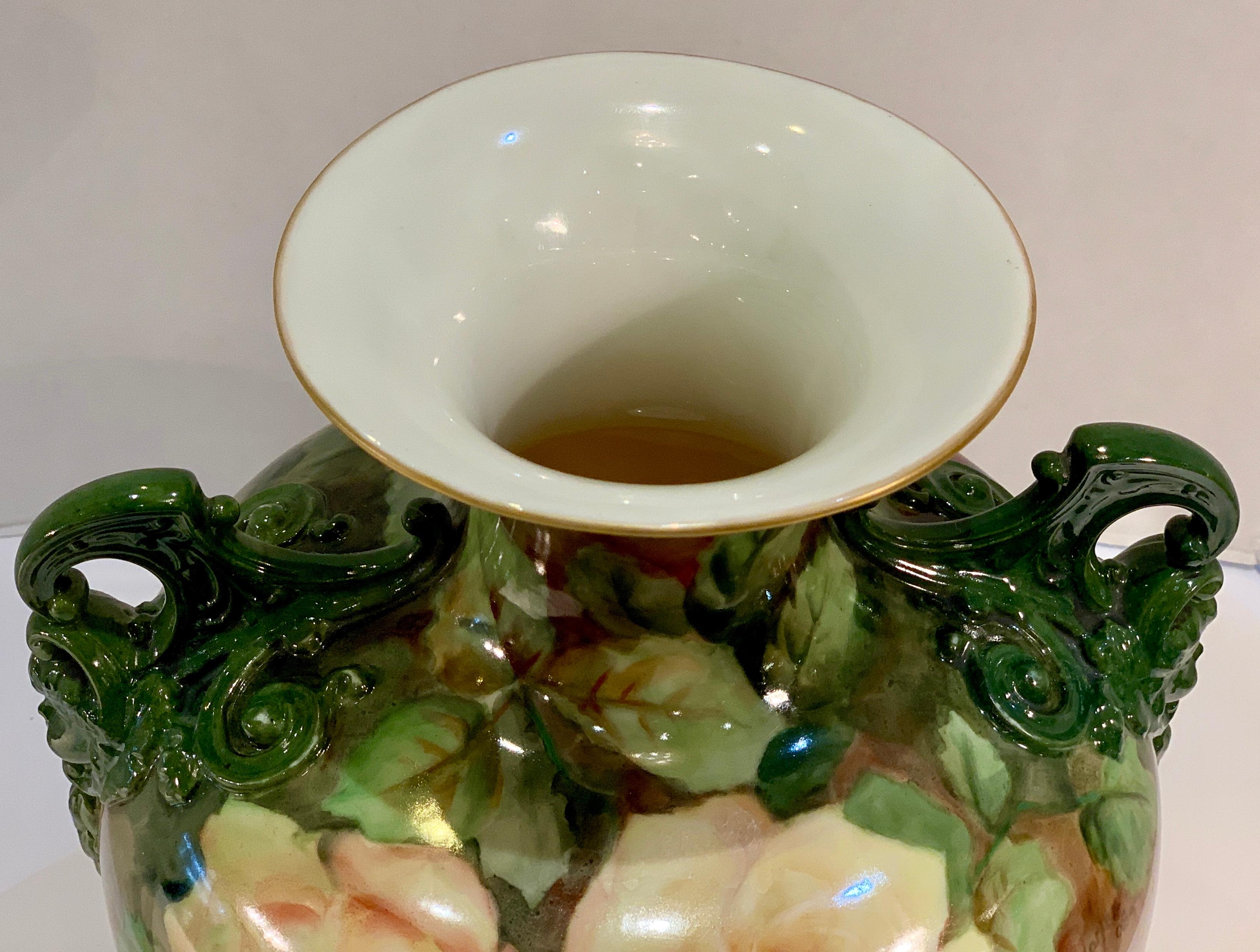 Fine Antique 1908 Signed Lenox Belleek Hand Painted Vase with Cherub Handles In Good Condition In Tustin, CA