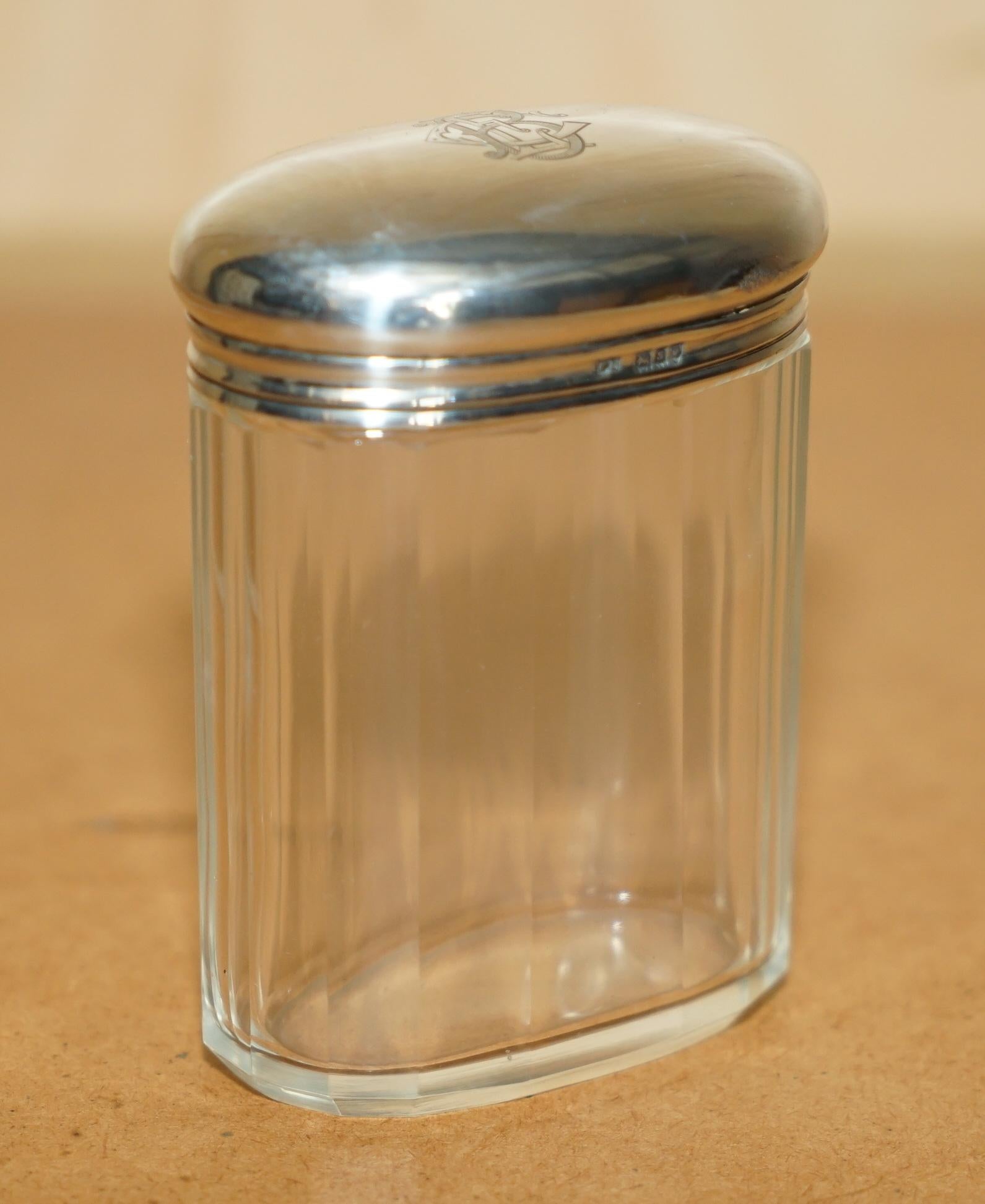 Edwardian FINE ANTIQUE 1913 STERLING SILVER & GLASS CRYSTAL THOMAS INGLETON TRiNKET JAR For Sale