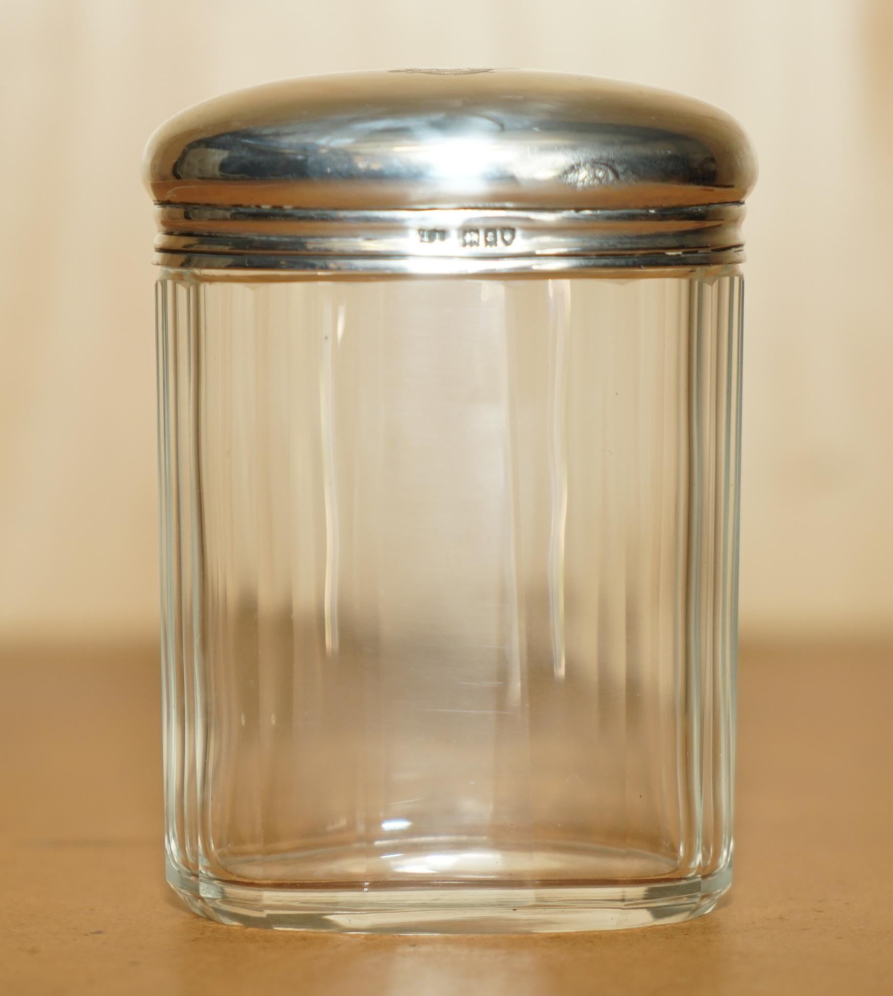 English FINE ANTIQUE 1913 STERLING SILVER & GLASS CRYSTAL THOMAS INGLETON TRiNKET JAR For Sale