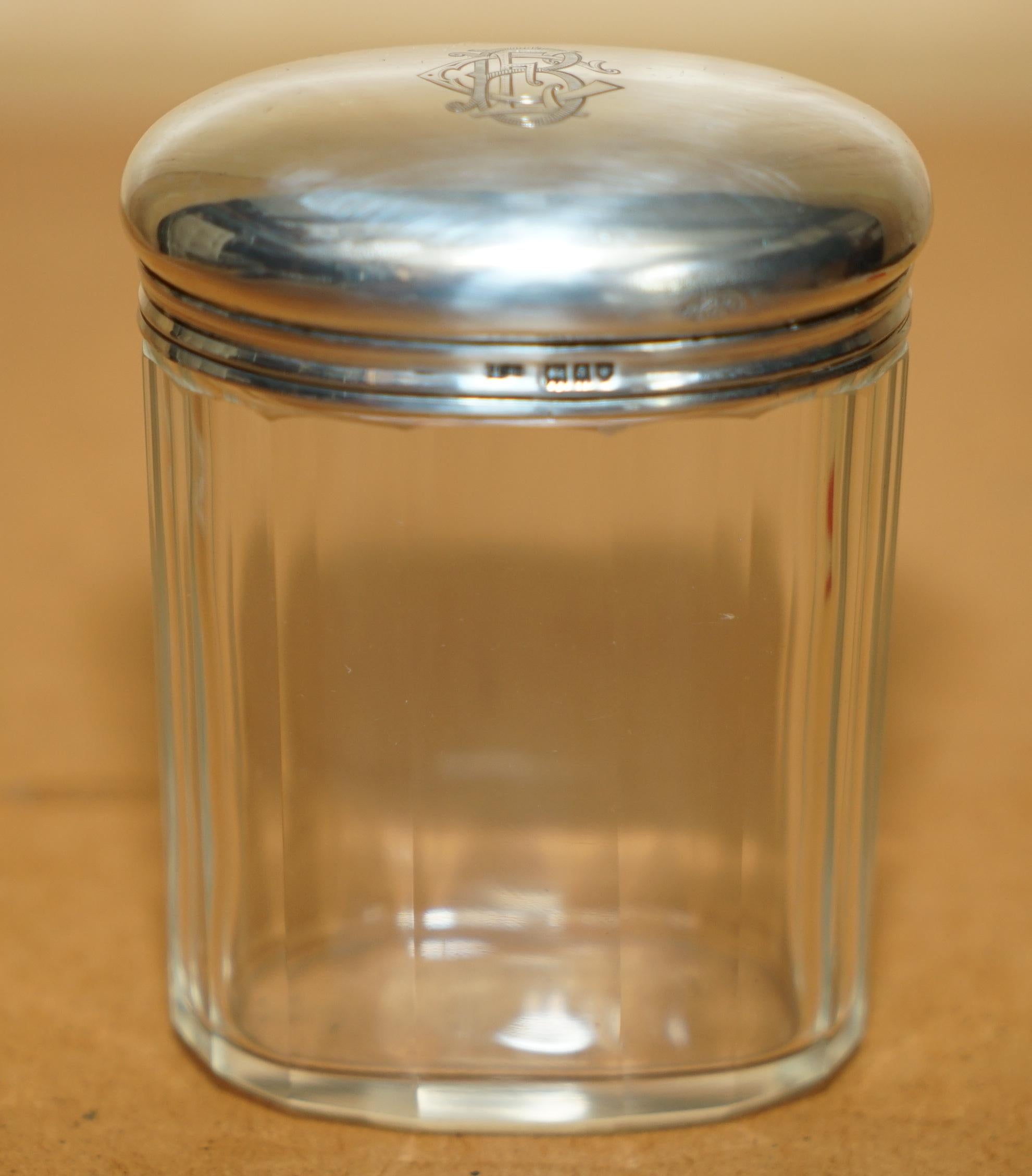 Hand-Crafted FINE ANTIQUE 1913 STERLING SILVER & GLASS CRYSTAL THOMAS INGLETON TRiNKET JAR For Sale