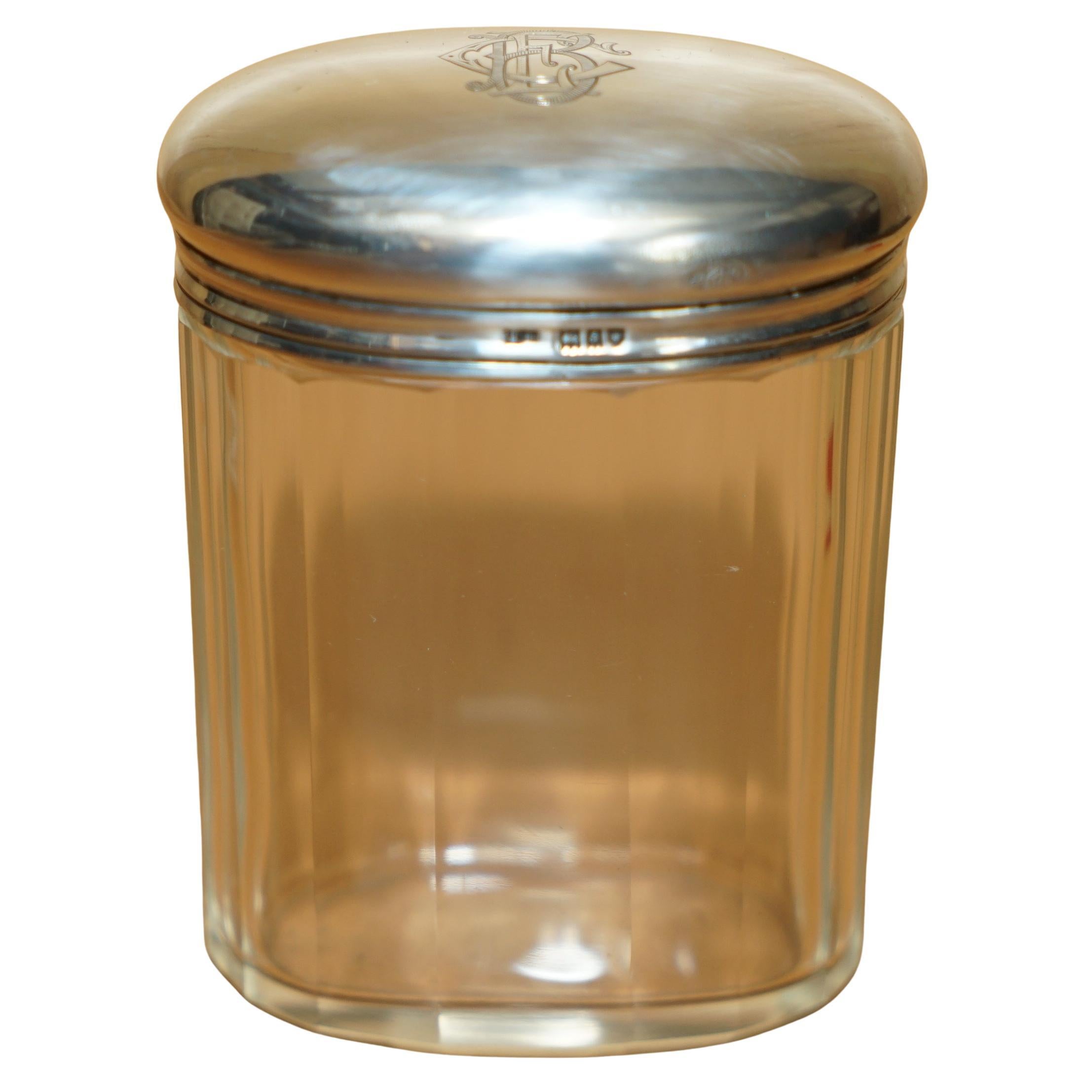 FINE ANTIQUE 1913 STERLING SILVER & GLASS CRYSTAL THOMAS INGLETON TRiNKET JAR
