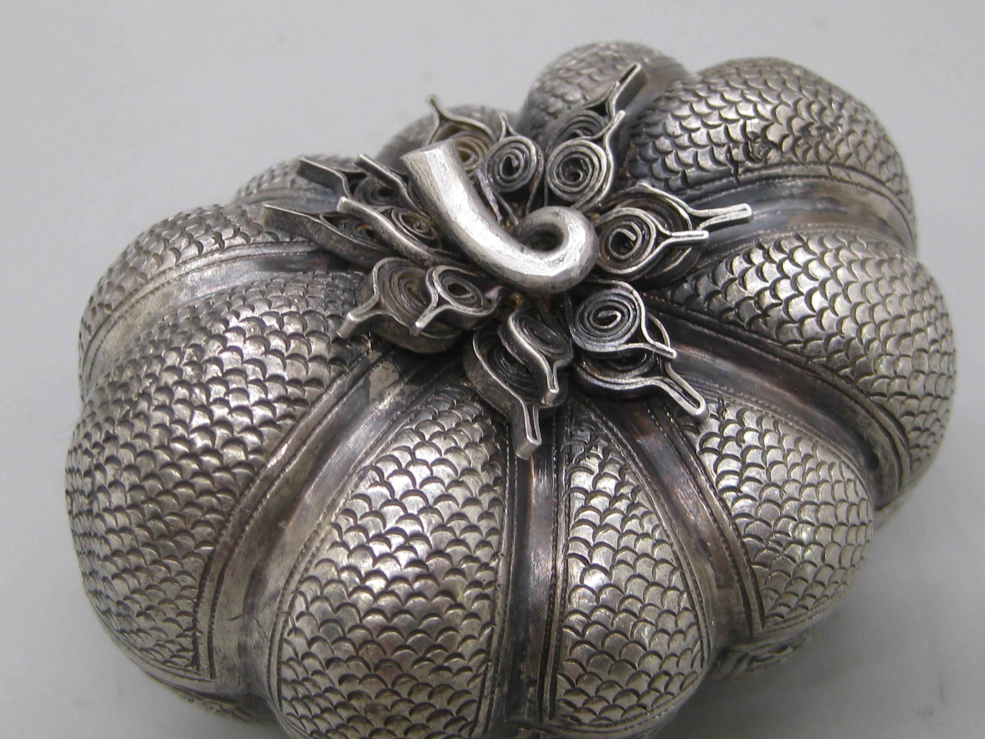 19th Century Fine Antique 19C Malaysia Southeast Asia .900 Silver Repousse Pumpkin Box For Sale