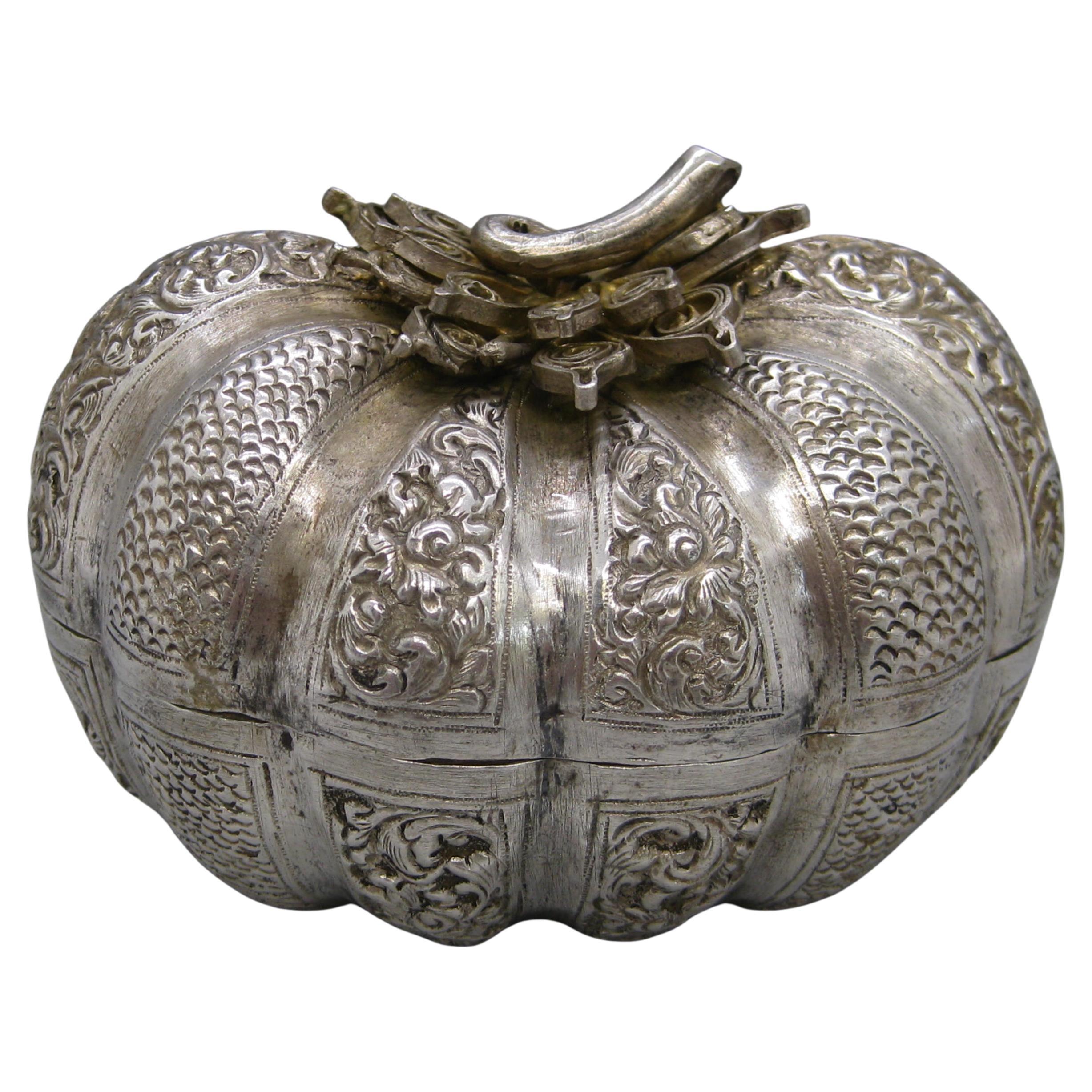 Fine Antique 19C Malaysia Southeast Asia .900 Silver Repousse Pumpkin Box