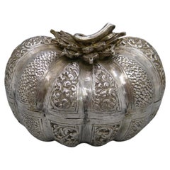 Fine Antique 19C Malaysia Southeast Asia .900 Silver Repousse Pumpkin Box