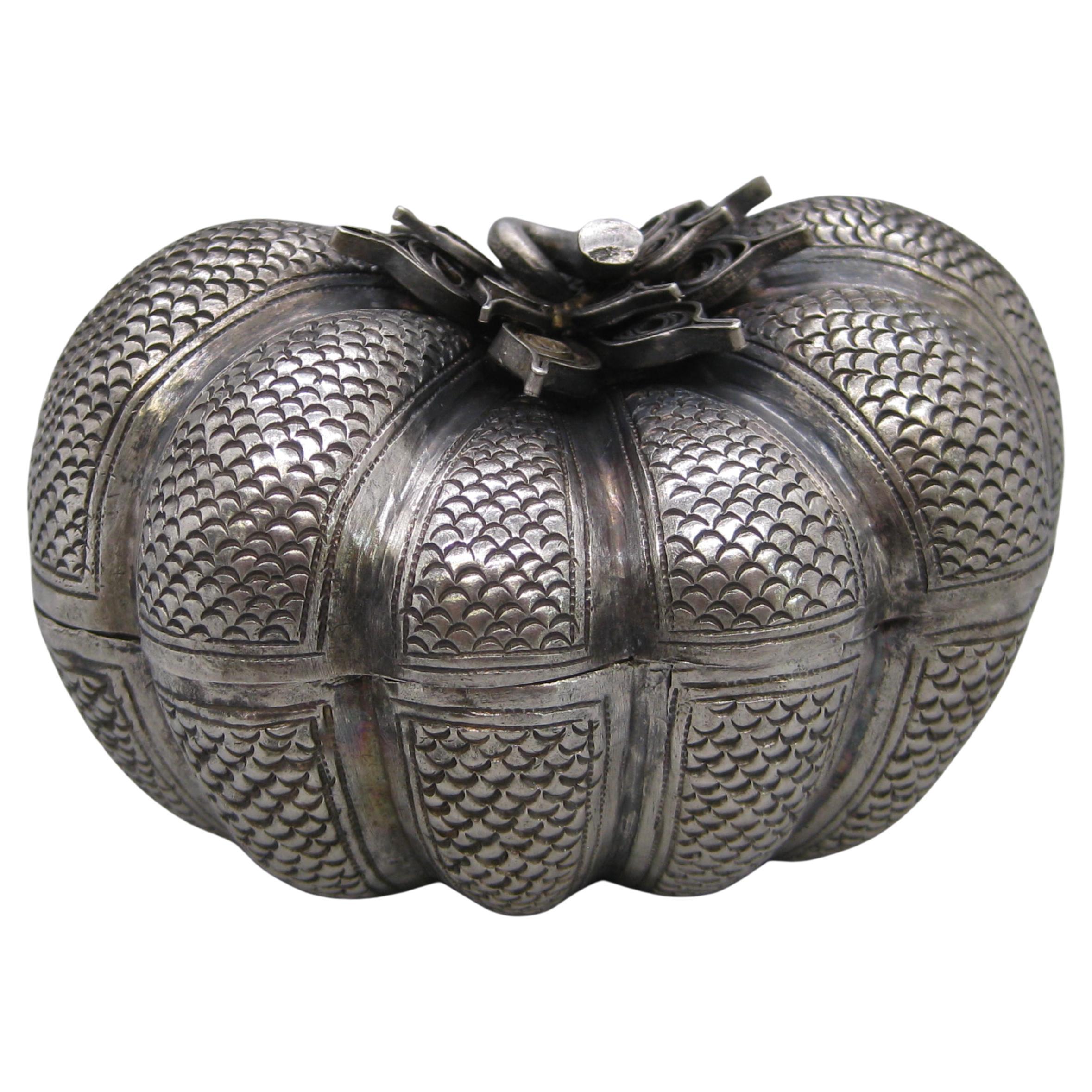 Fine Antique 19C Malaysia Southeast Asia .900 Silver Repousse Pumpkin Box