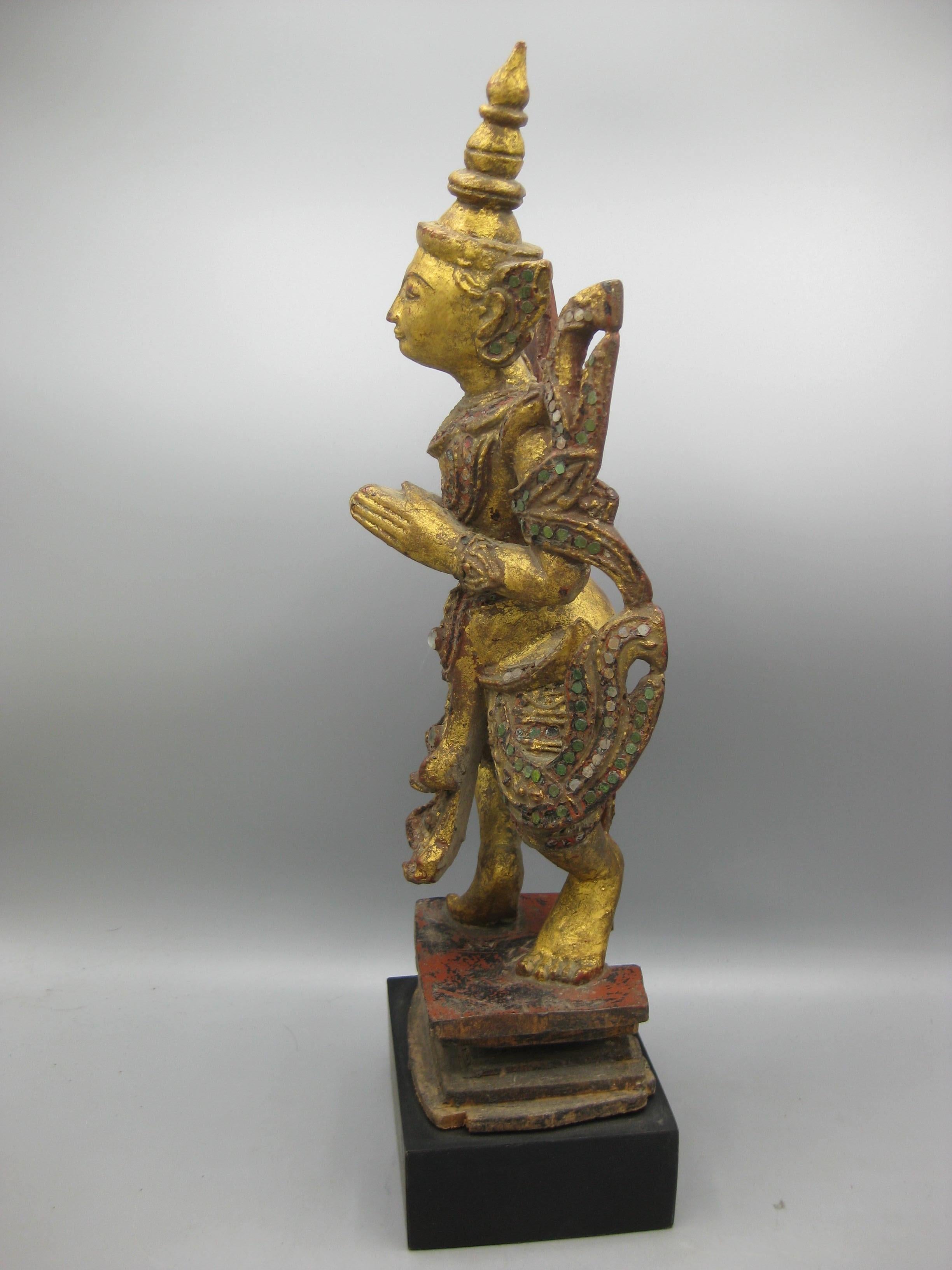 Fine Antique 19C Thai Southeast Asia Temple Goddess Deity Wood Gold Gild Statue For Sale 5