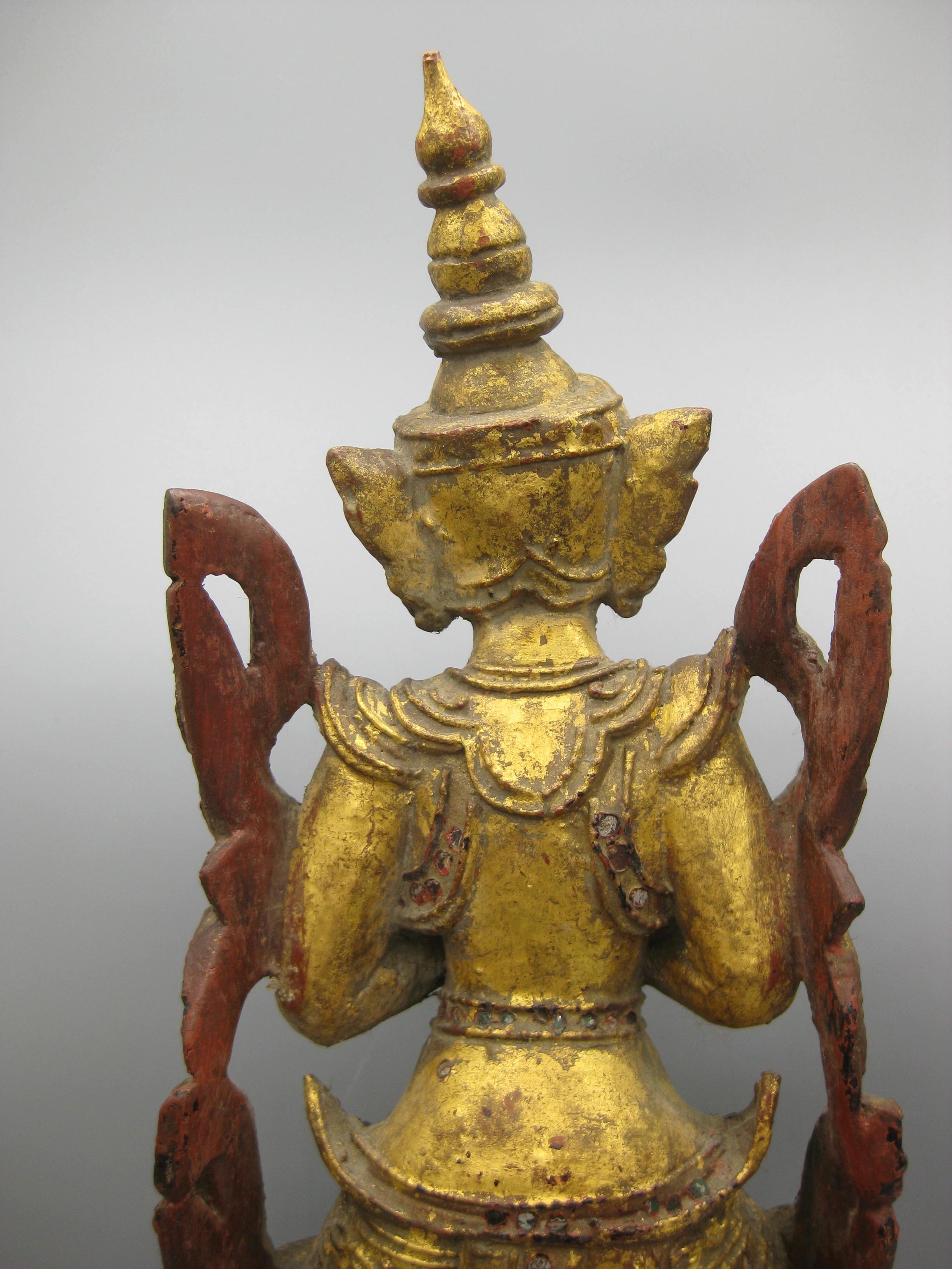 Fine Antique 19C Thai Southeast Asia Temple Goddess Deity Wood Gold Gild Statue For Sale 7