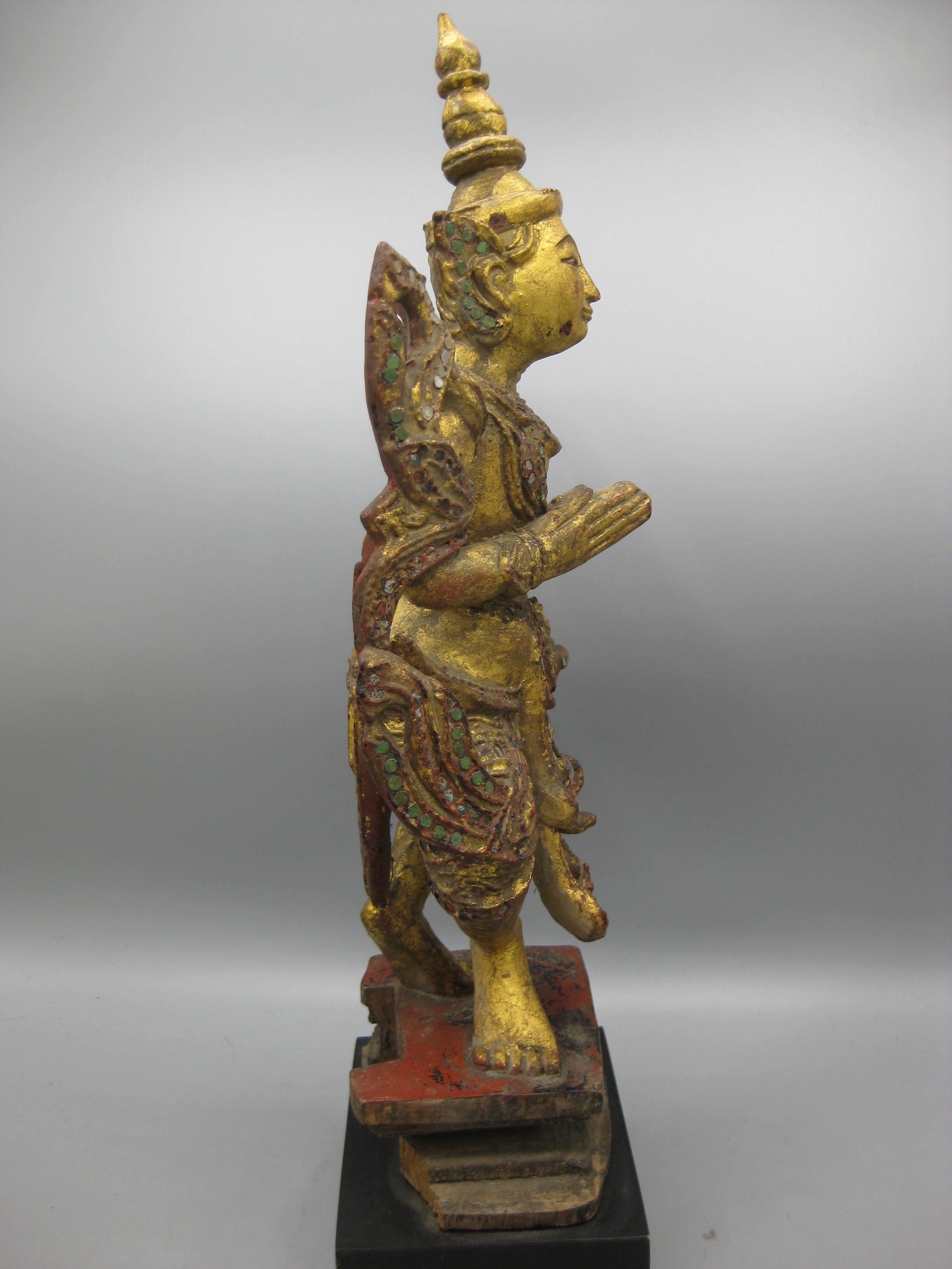 Fine Antique 19C Thai Southeast Asia Temple Goddess Deity Wood Gold Gild Statue For Sale 12