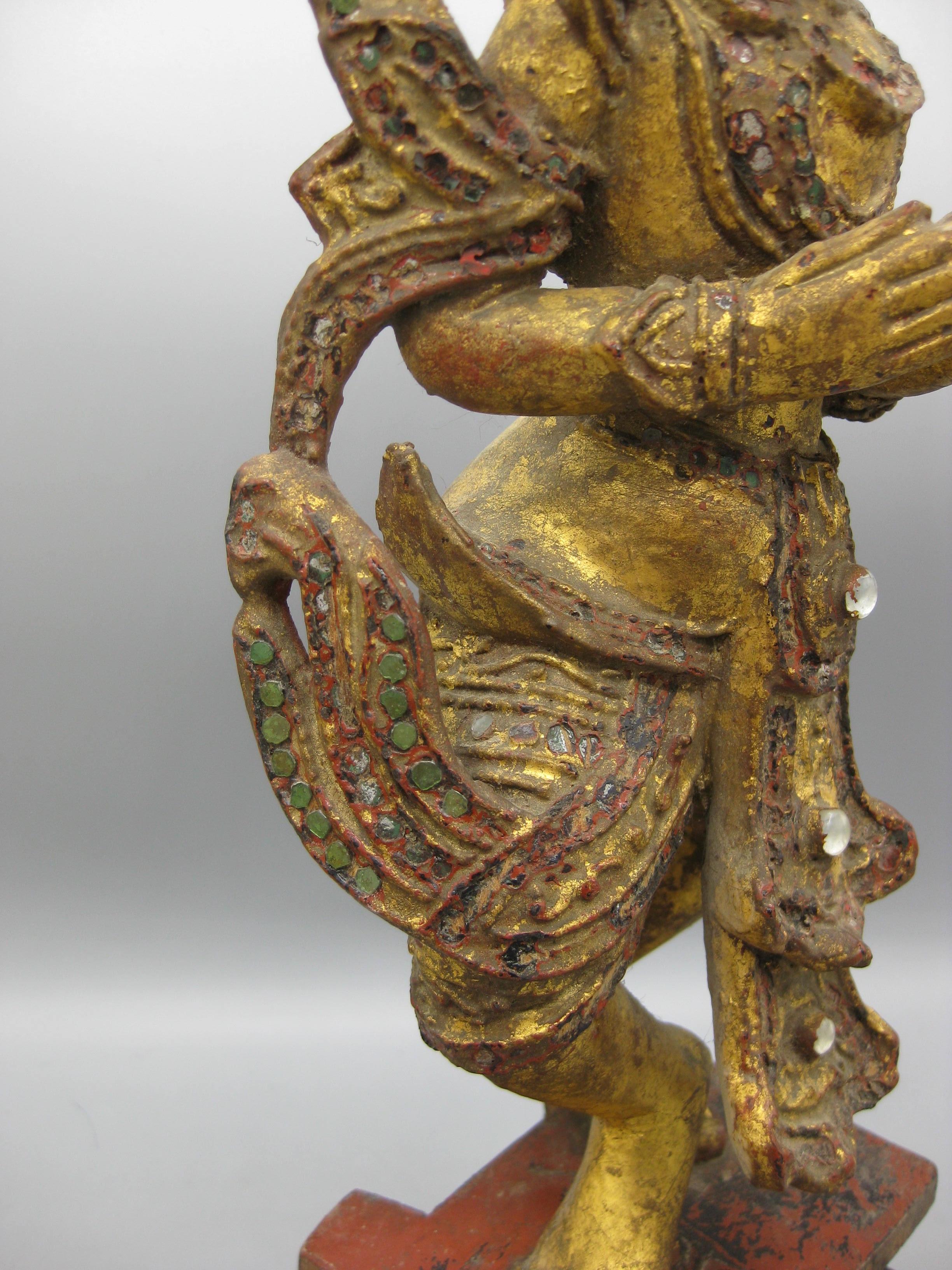 Fine Antique 19C Thai Southeast Asia Temple Goddess Deity Wood Gold Gild Statue For Sale 14
