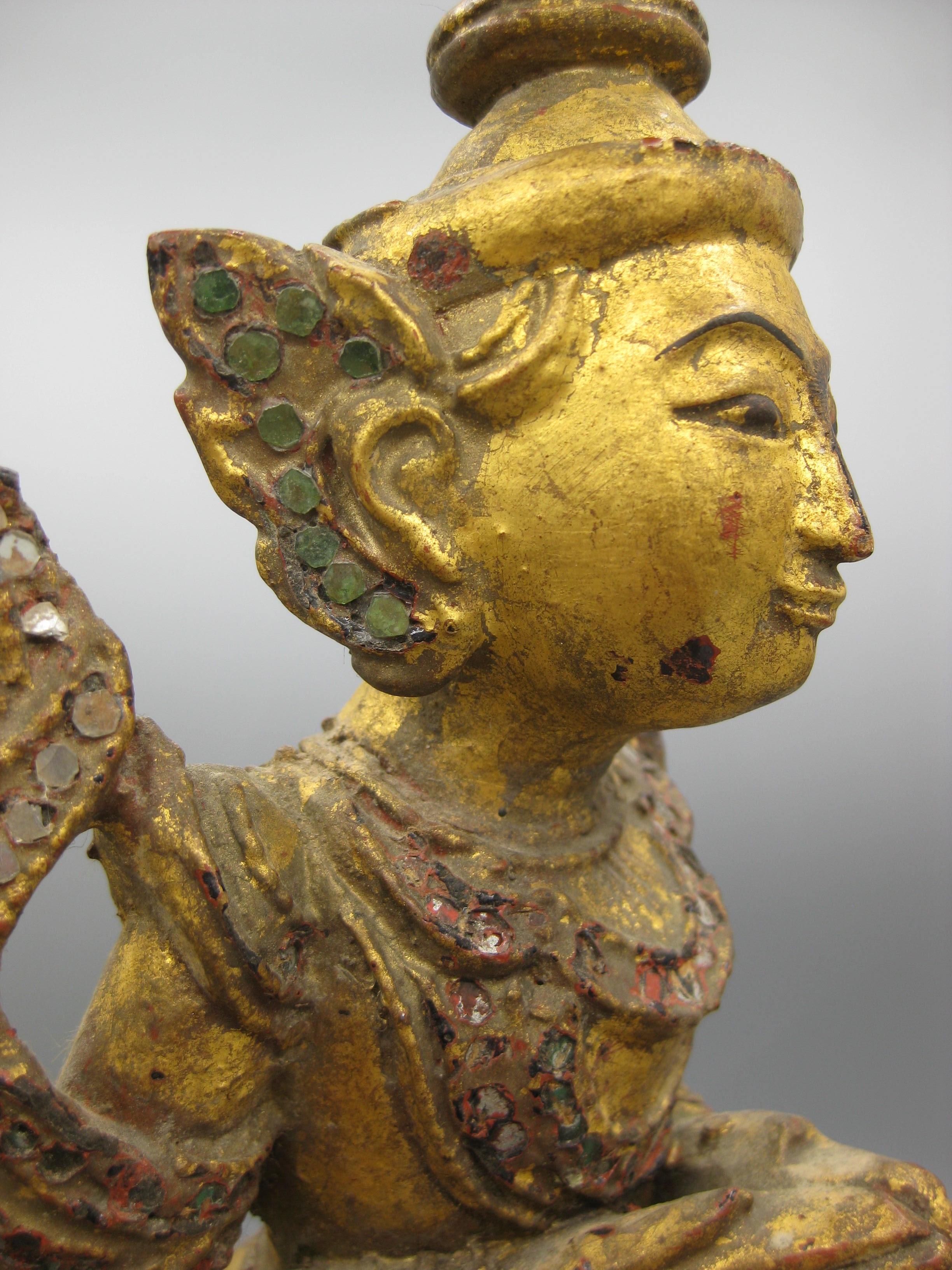 Fine Antique 19C Thai Southeast Asia Temple Goddess Deity Wood Gold Gild Statue For Sale 15
