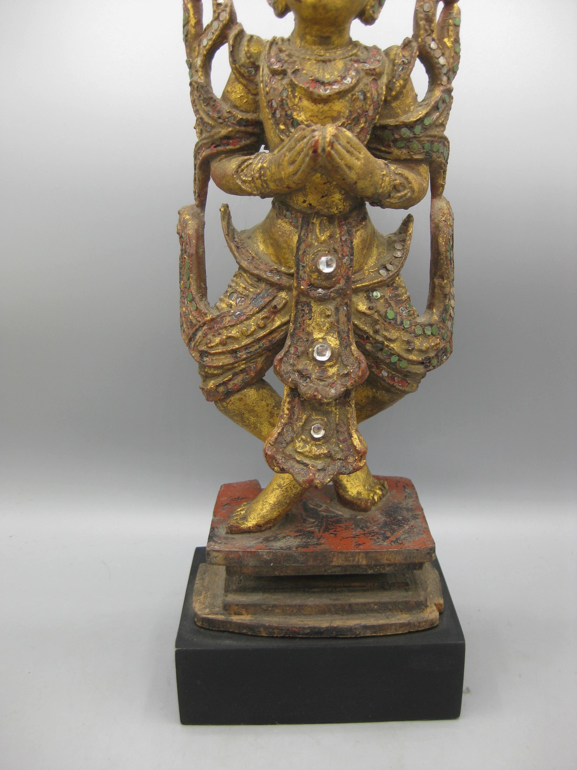 Hand-Crafted Fine Antique 19C Thai Southeast Asia Temple Goddess Deity Wood Gold Gild Statue For Sale