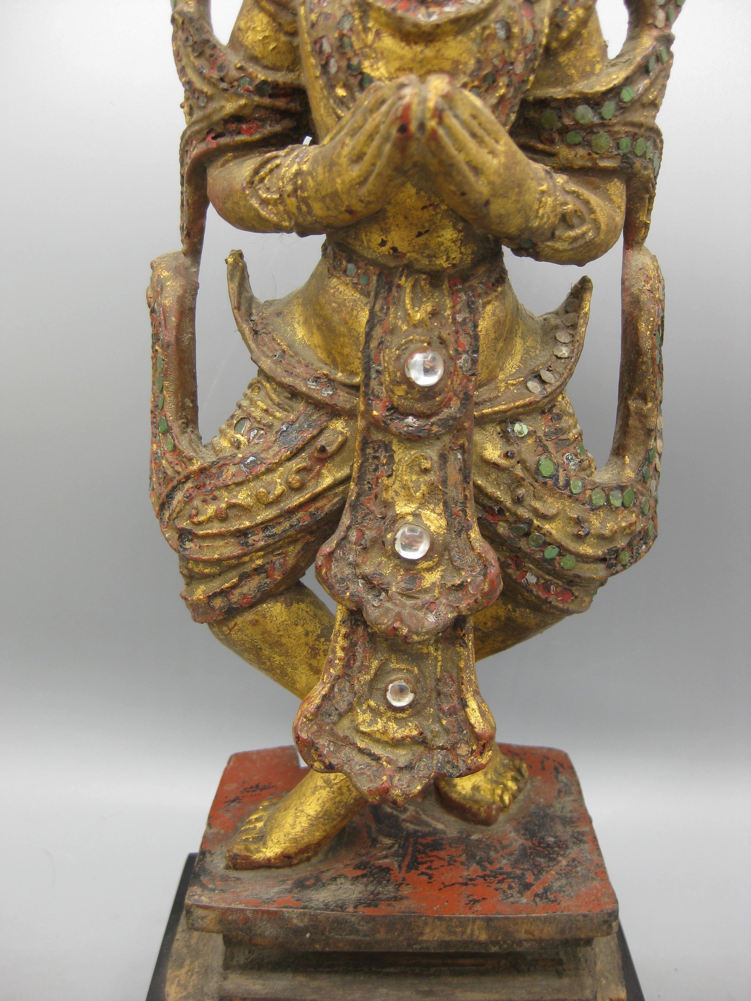 19th Century Fine Antique 19C Thai Southeast Asia Temple Goddess Deity Wood Gold Gild Statue For Sale