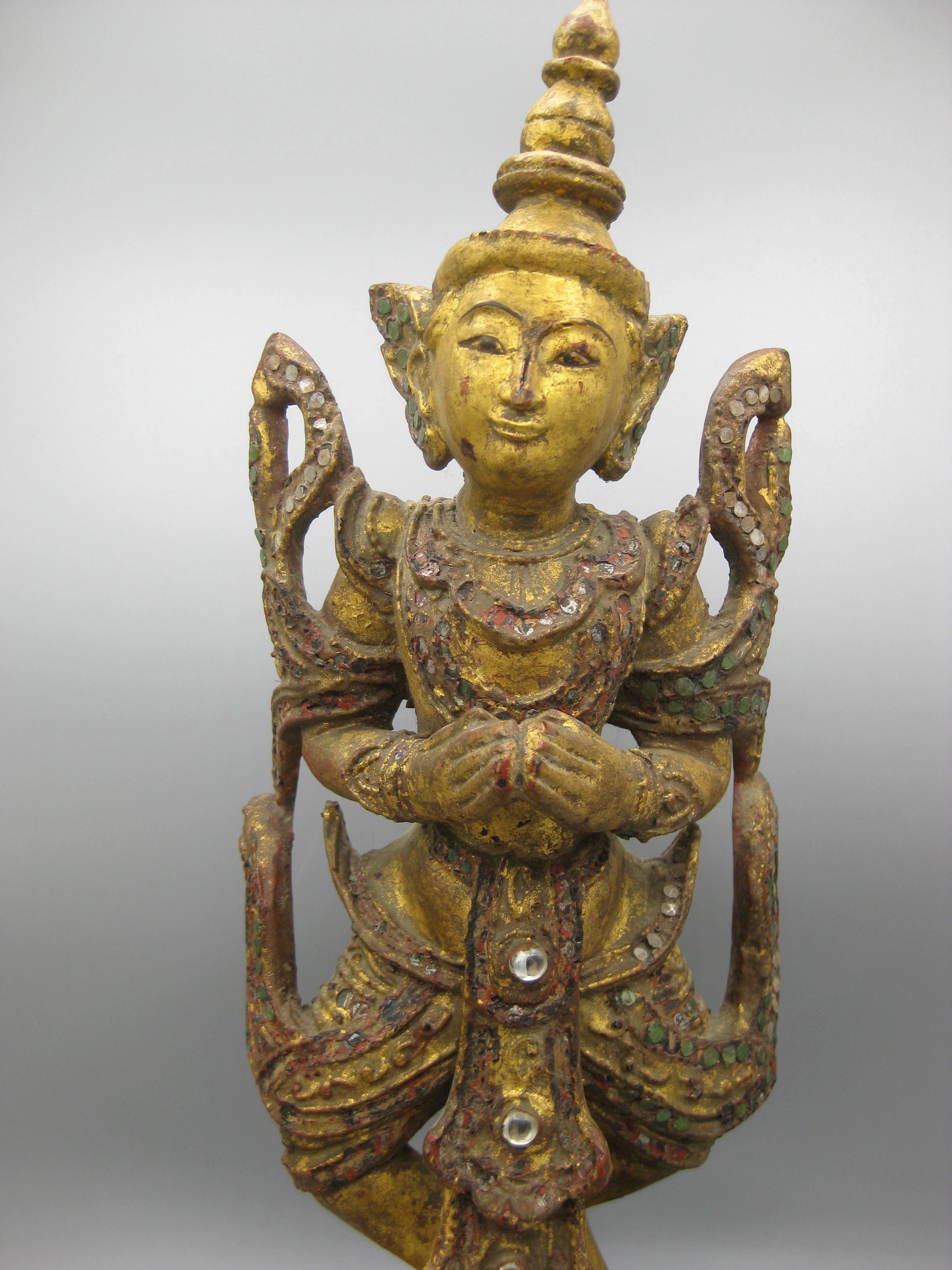Fine Antique 19C Thai Southeast Asia Temple Goddess Deity Wood Gold Gild Statue For Sale 1