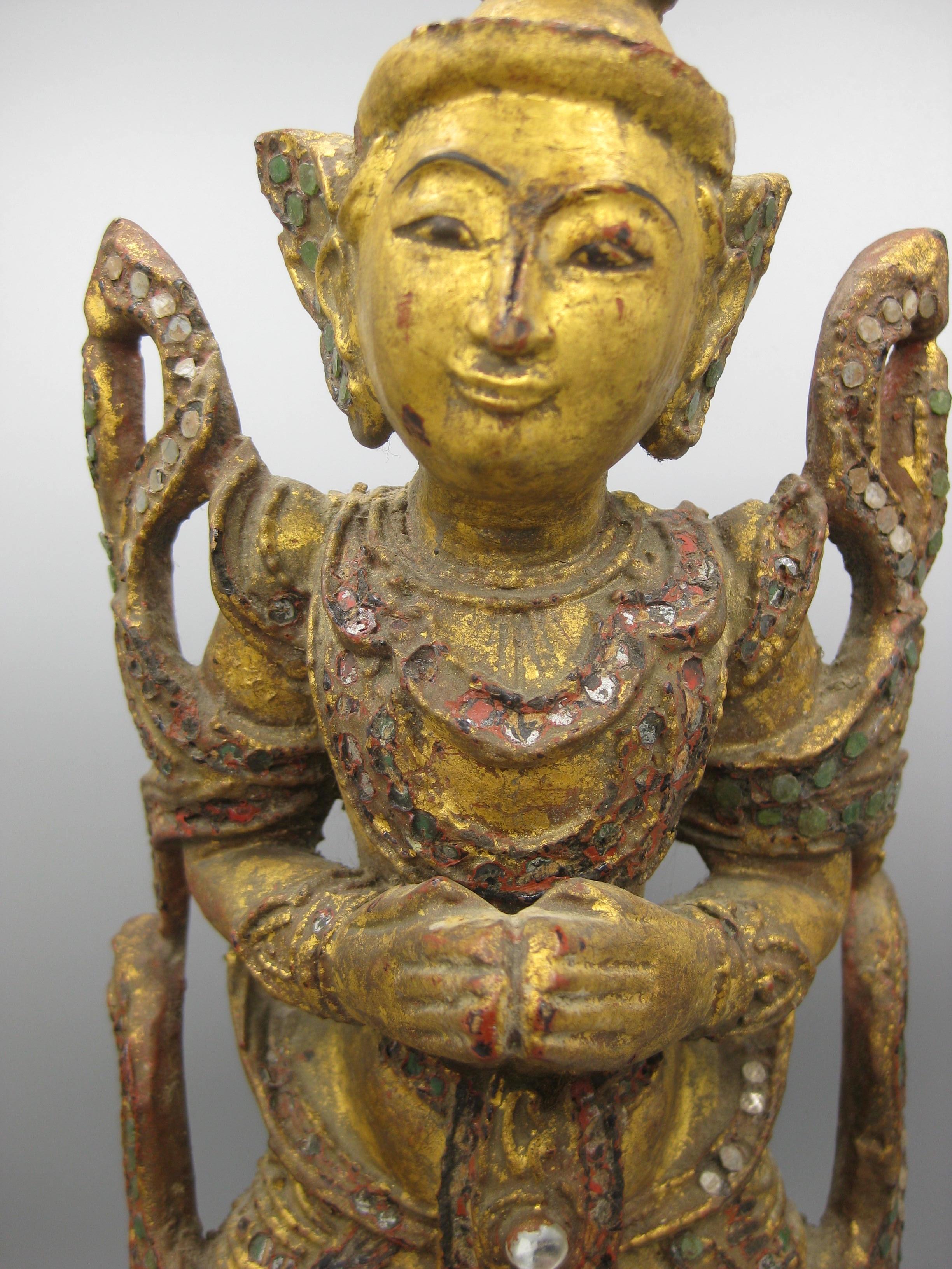 Fine Antique 19C Thai Southeast Asia Temple Goddess Deity Wood Gold Gild Statue For Sale 2