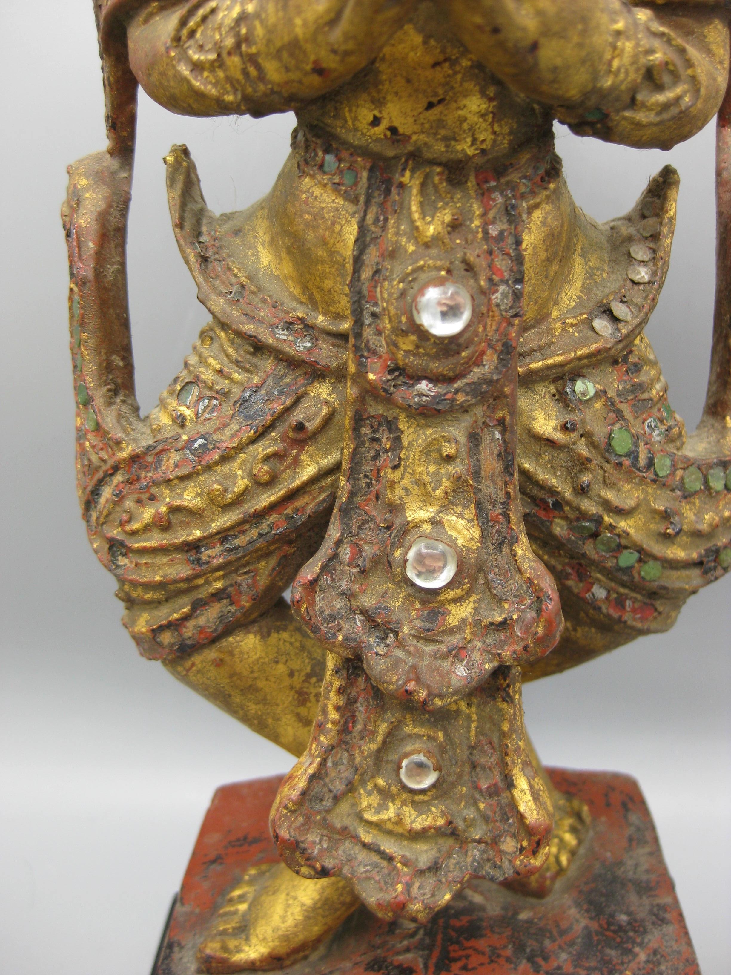 Fine Antique 19C Thai Southeast Asia Temple Goddess Deity Wood Gold Gild Statue For Sale 3