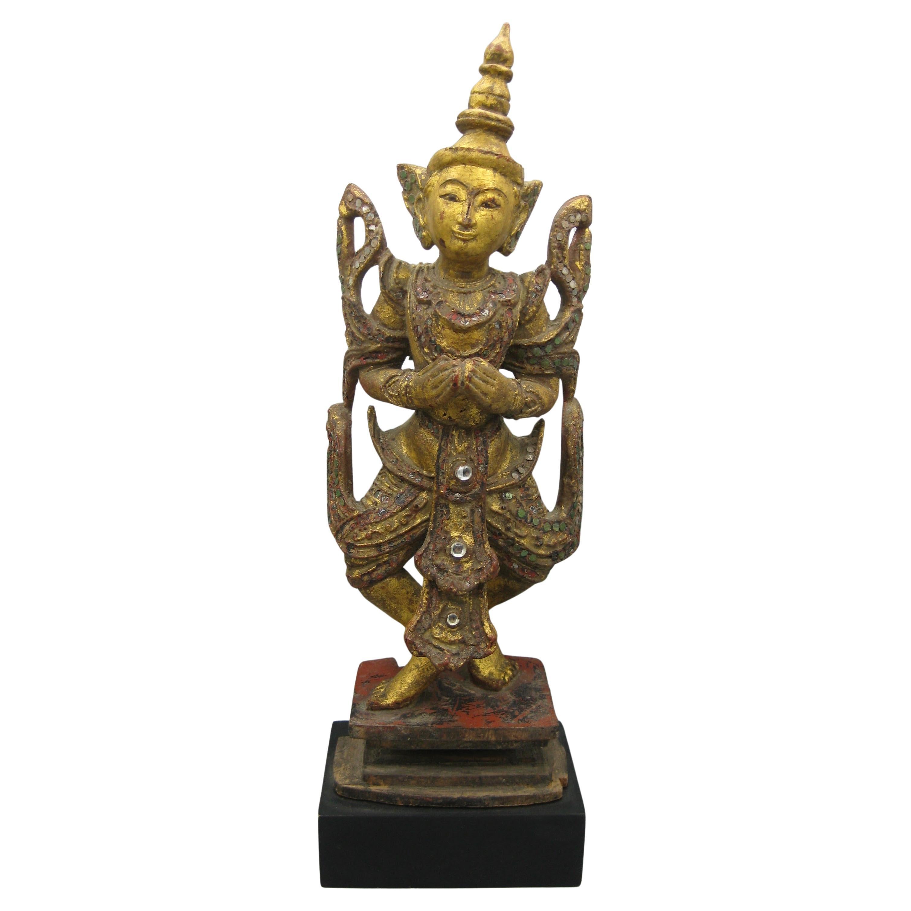 Fine Antique 19C Thai Southeast Asia Temple Goddess Deity Wood Gold Gild Statue For Sale