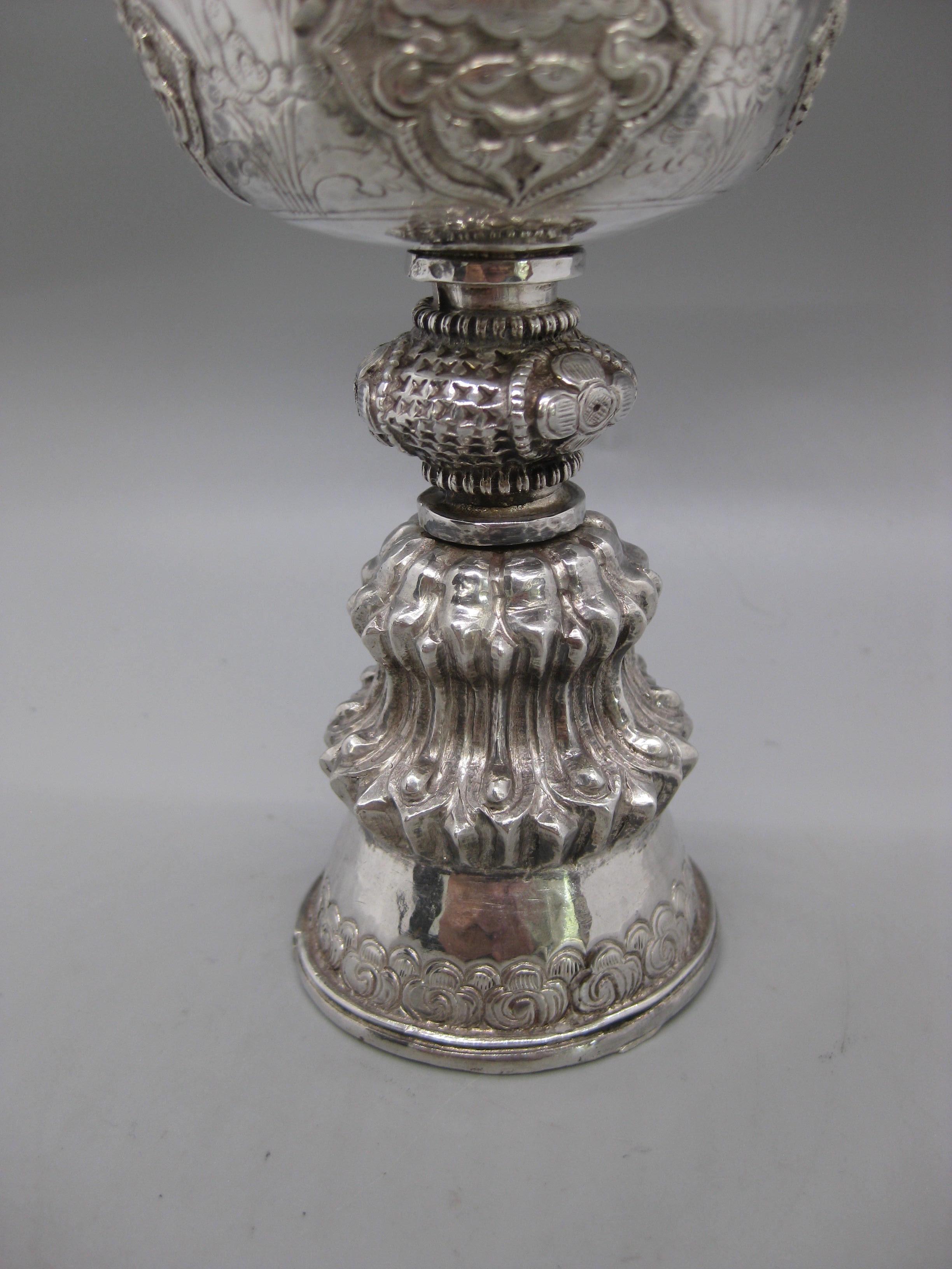 Fine Antique 19C Tibetan Sterling Silver Repousse Ritual Yak Butter Oil Lamp For Sale 5