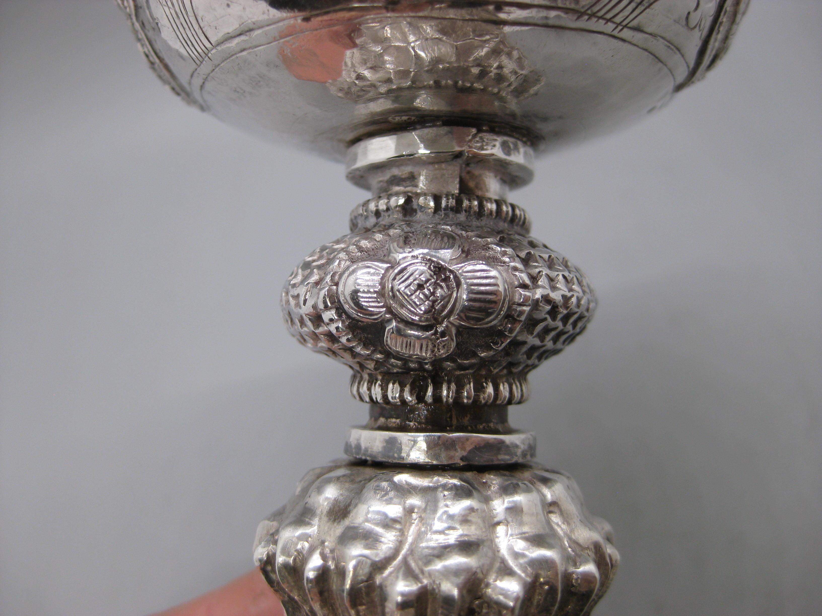 Fine Antique 19C Tibetan Sterling Silver Repousse Ritual Yak Butter Oil Lamp For Sale 8