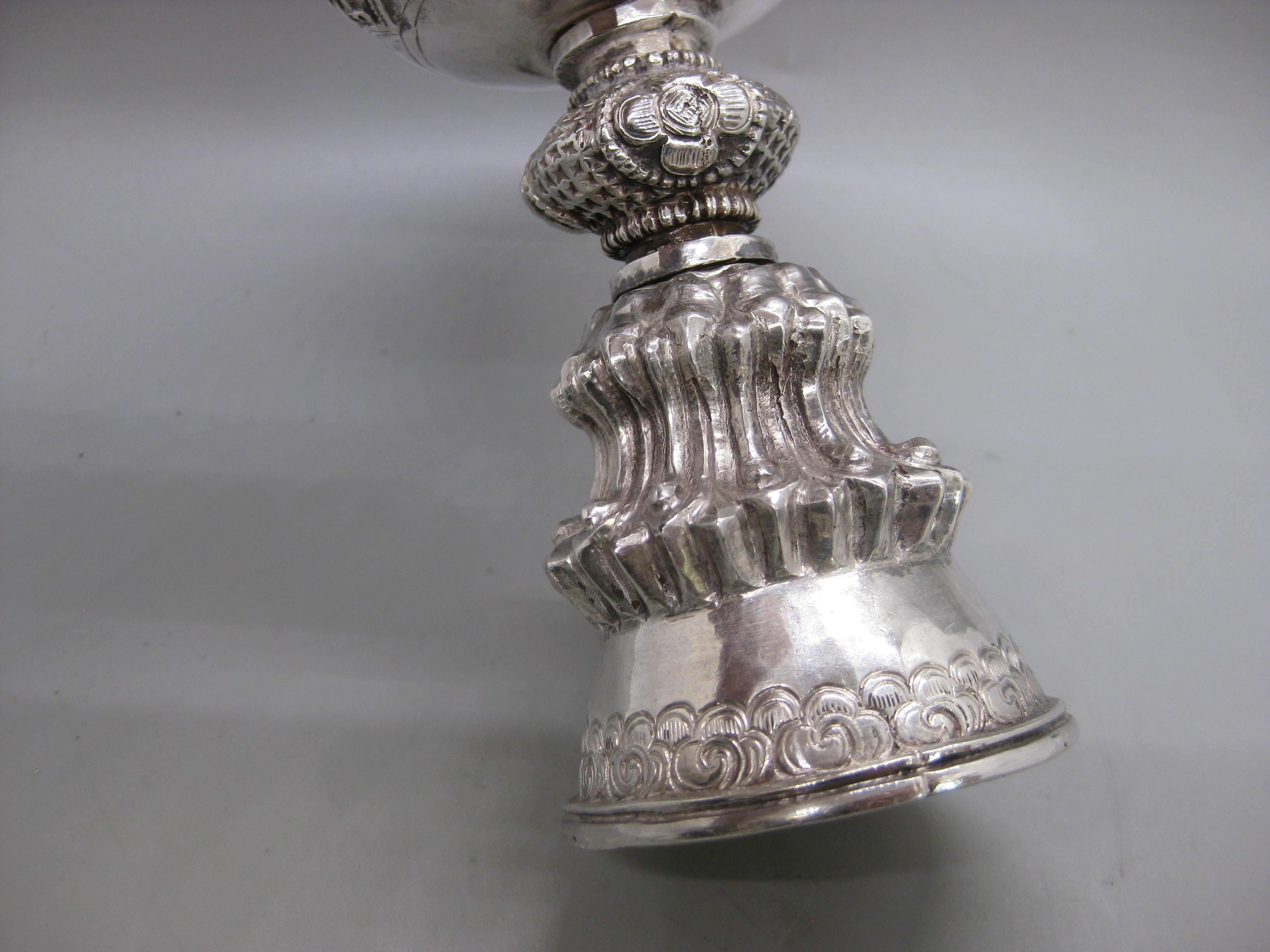 Fine Antique 19C Tibetan Sterling Silver Repousse Ritual Yak Butter Oil Lamp For Sale 9