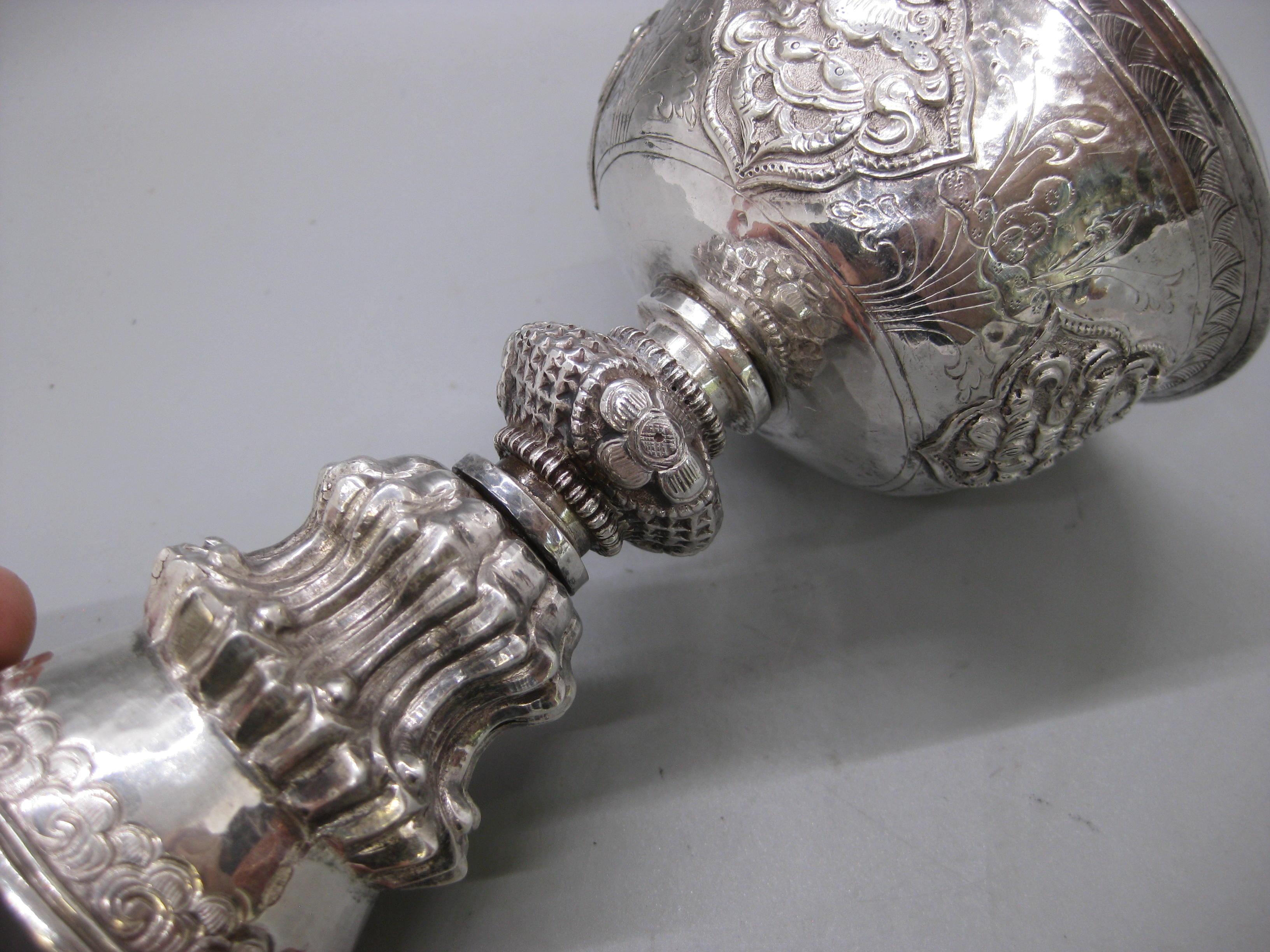 Fine Antique 19C Tibetan Sterling Silver Repousse Ritual Yak Butter Oil Lamp For Sale 12