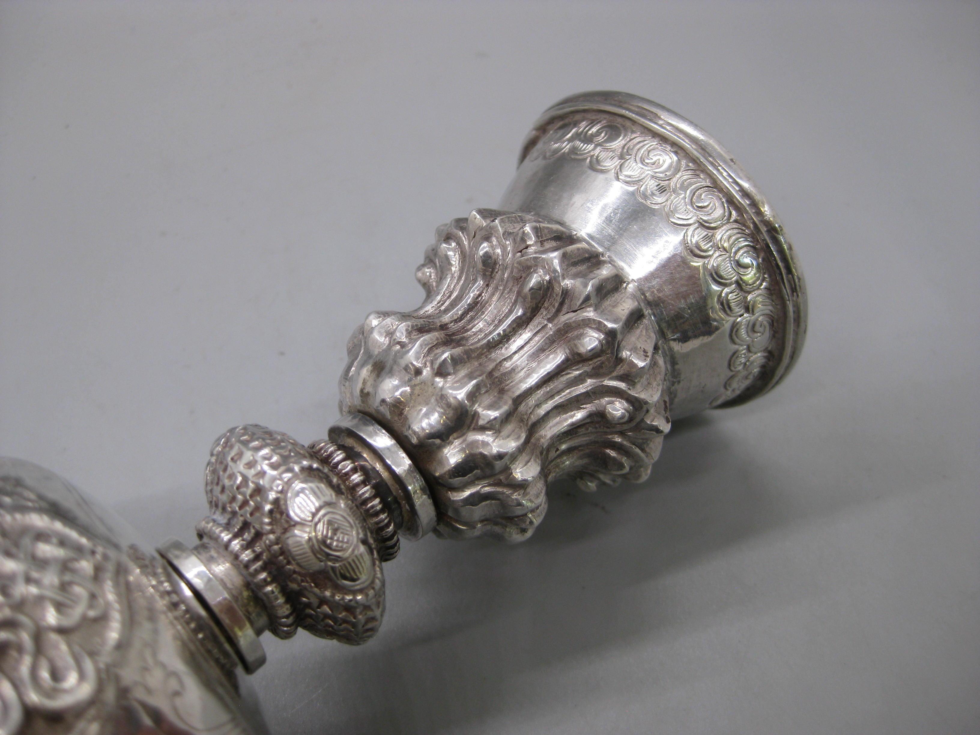 Fine Antique 19C Tibetan Sterling Silver Repousse Ritual Yak Butter Oil Lamp For Sale 14
